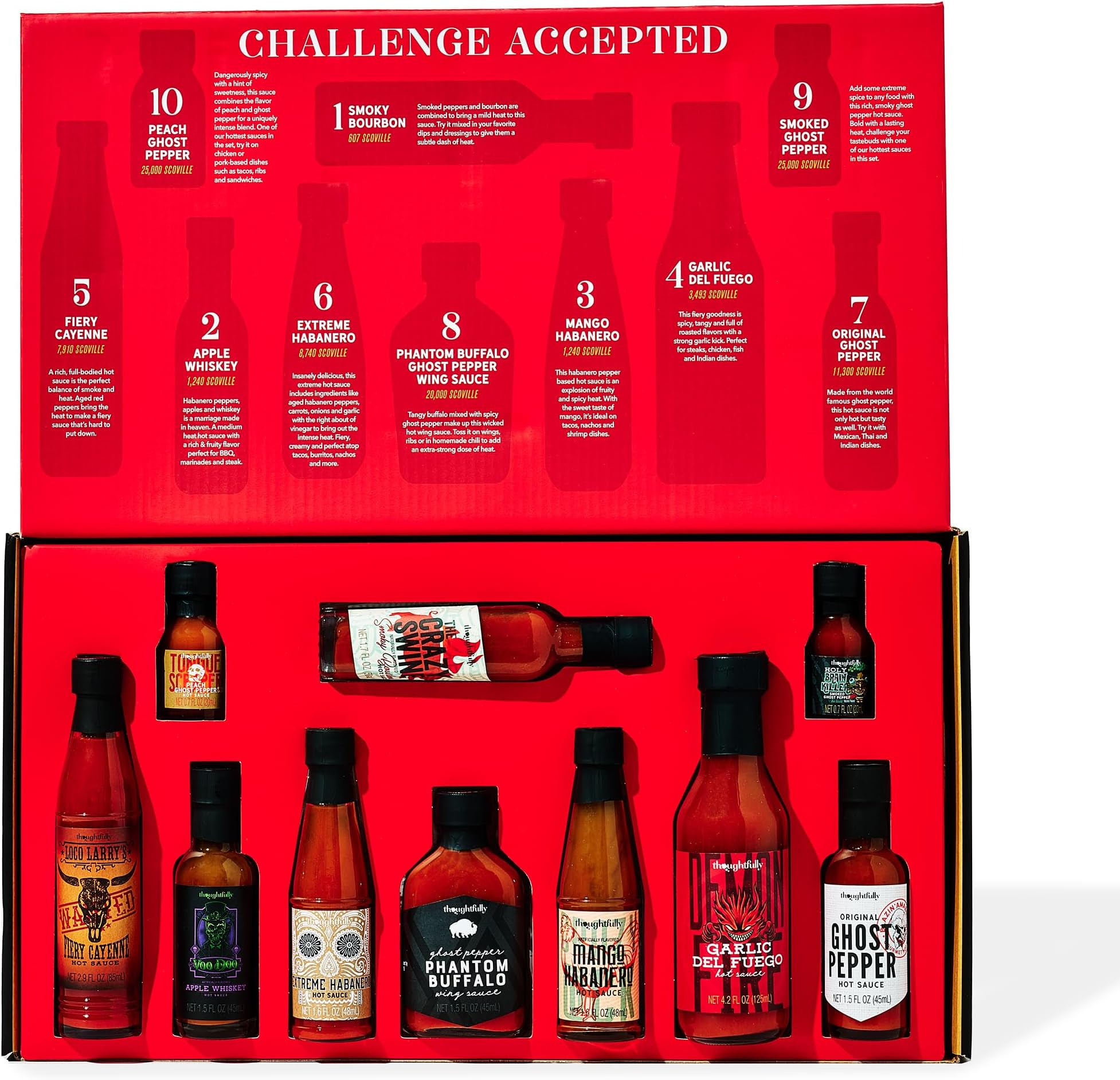 Thoughtfully Hot Sauce Challenge, Mild to Extreme Hot Sauce Variety 10 Pack, Unique Gift for Men, Husband, Dad, Father, Birthday and Christmas