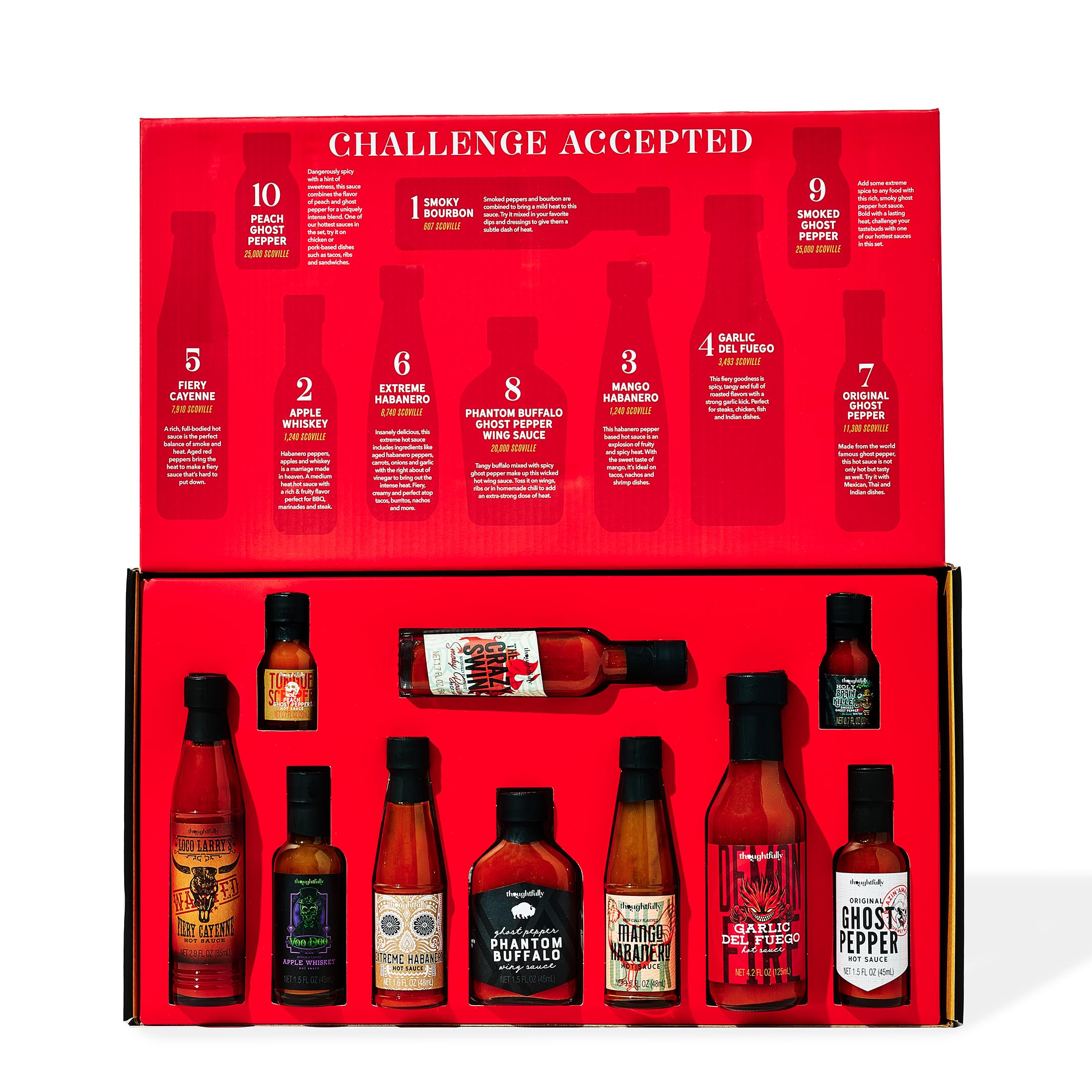Thoughtfully – Hot Sauce Challenge Set – 10 Salsas Picantes de Suave a Extremadamente Picante – Regalo Original para Hombre, Marido & Padre – Cumpleaños & Día del Padre