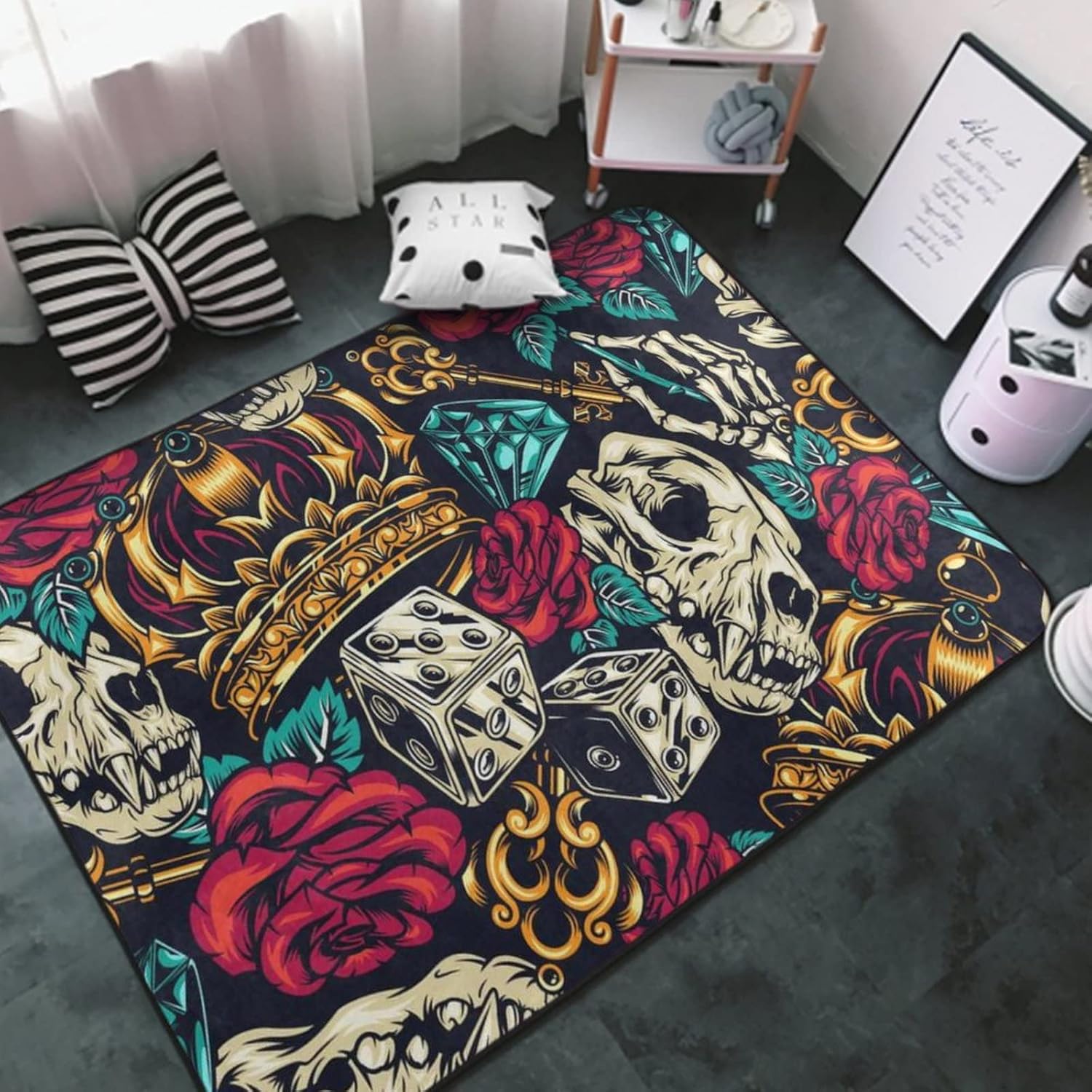 Alfombra de área contemporánea y elegante alfombra multiusos para sala de estar, dormitorio, alfombra al aire libre, corona, calavera, dados llaves,