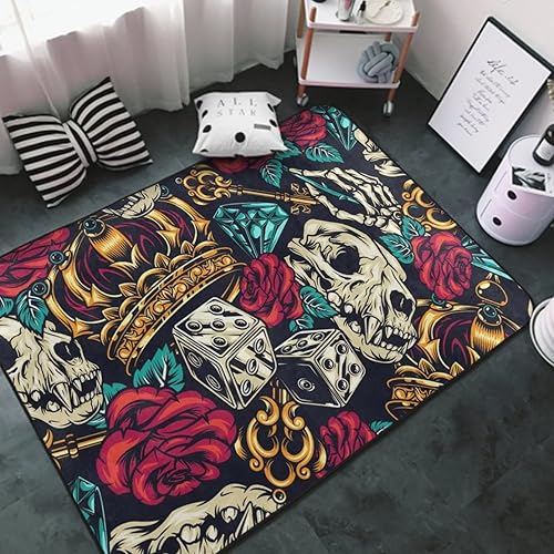 Alfombra de área contemporánea y elegante alfombra multiusos para sala de estar, dormitorio, alfombra al aire libre, corona, calavera, dados llaves,