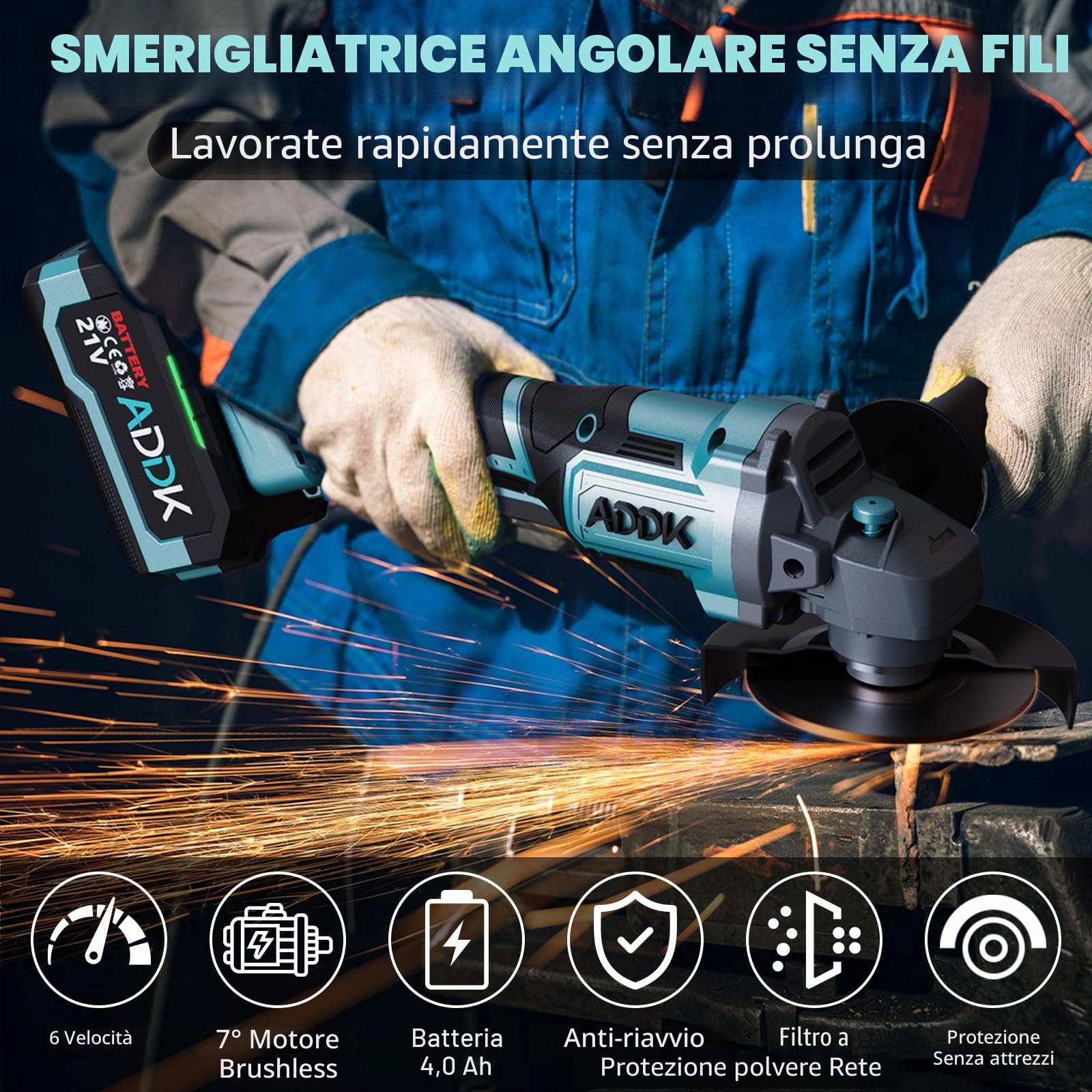 Smerigliatrice angolare senza fili,Professional Smerigliatrice angolare 125mm con 1 batteria 4.0Ah,6 velocità regolabili,Motore Brushless, adatto per la macinazione, la lucidatura e il taglio (a)