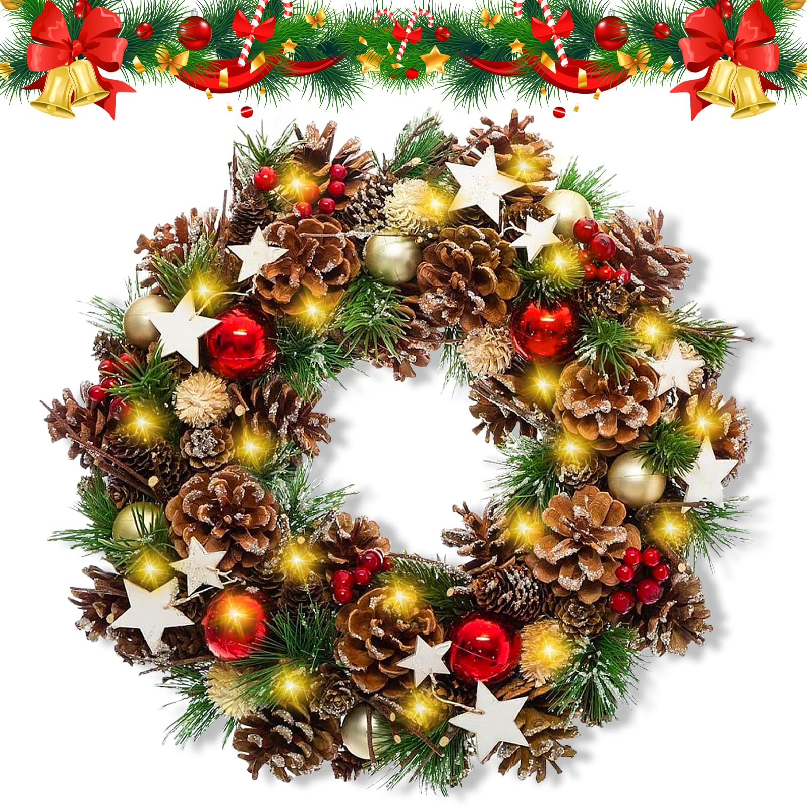 RDDAIPE Corona Navidad Puerta con Luces, 30CM Coronas Navideñas para Puertas con 30LED, Piñas, Bolas y Bayas, Corona De Navidad para Puerta para Decoración de Puertas de Entrada, Chimeneas, Paredes
