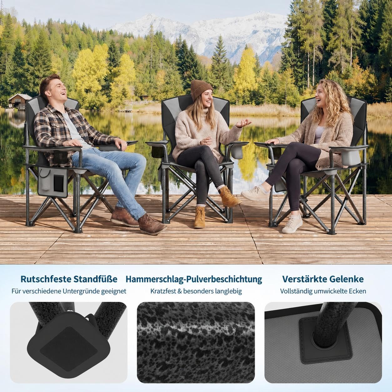 Lot de 2 Chaise de camping Pliable Portable avec Sac de Transport,Fauteuil pliant Exterieur en Oxford rembourrage,avec Porte-gobelet,Poche rangement isotherme,Pour Plage,Camping,Jardin(Gris)