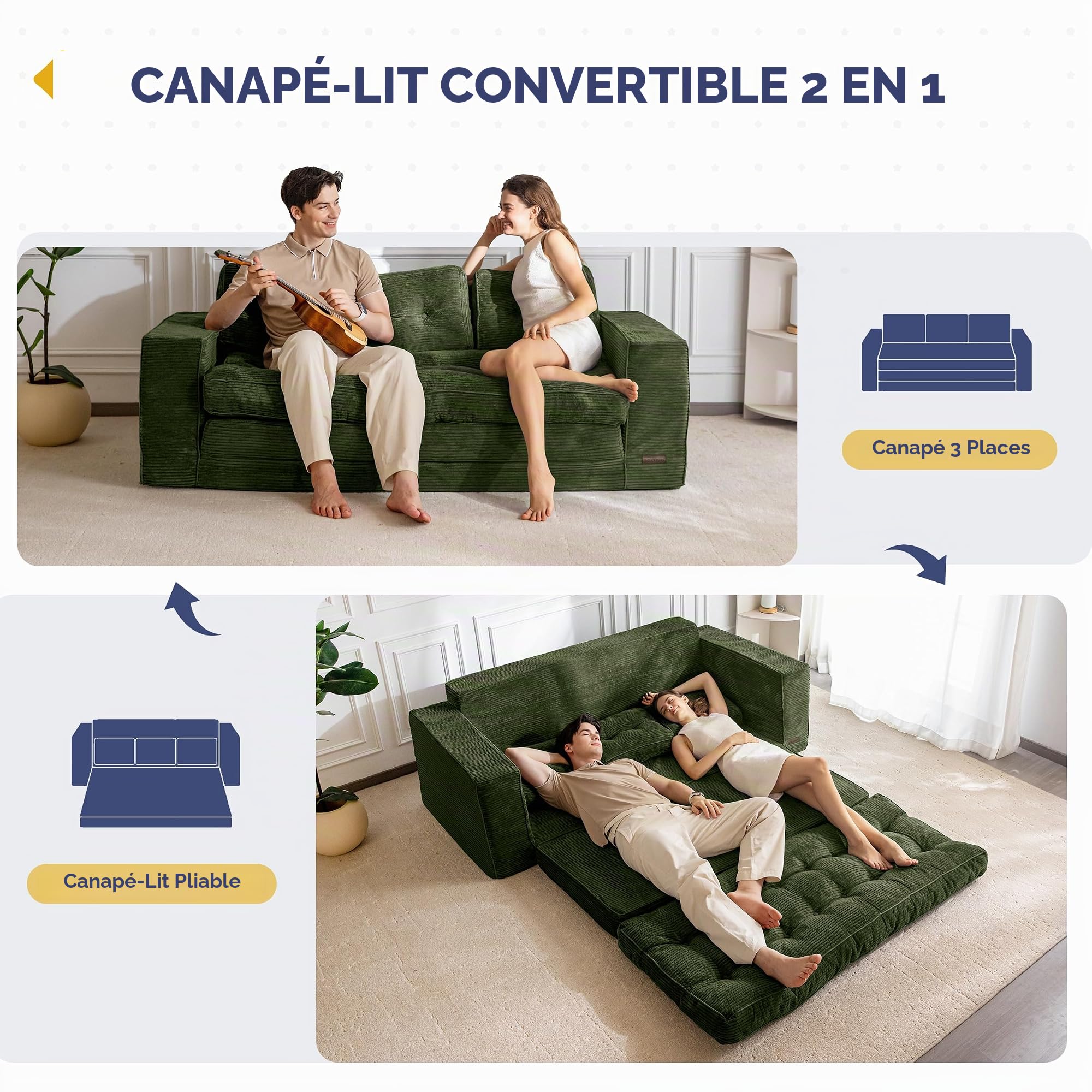 MAXYOYO Canapé-lit de 190 cm de large avec coussin, 2 en 1, pliable, en velours, 3 places, avec fonction sommeil, surface de couchage 101 x 196 cm, pour salon, chambre à coucher, salon