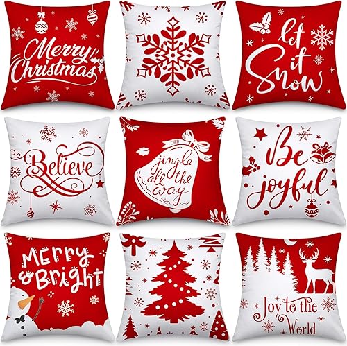 9 fundas de almohada de Navidad de 18 x 18 pulgadas, fundas de almohada navideñas para el hogar, árbol de Navidad, fundas de almohada para el hogar,