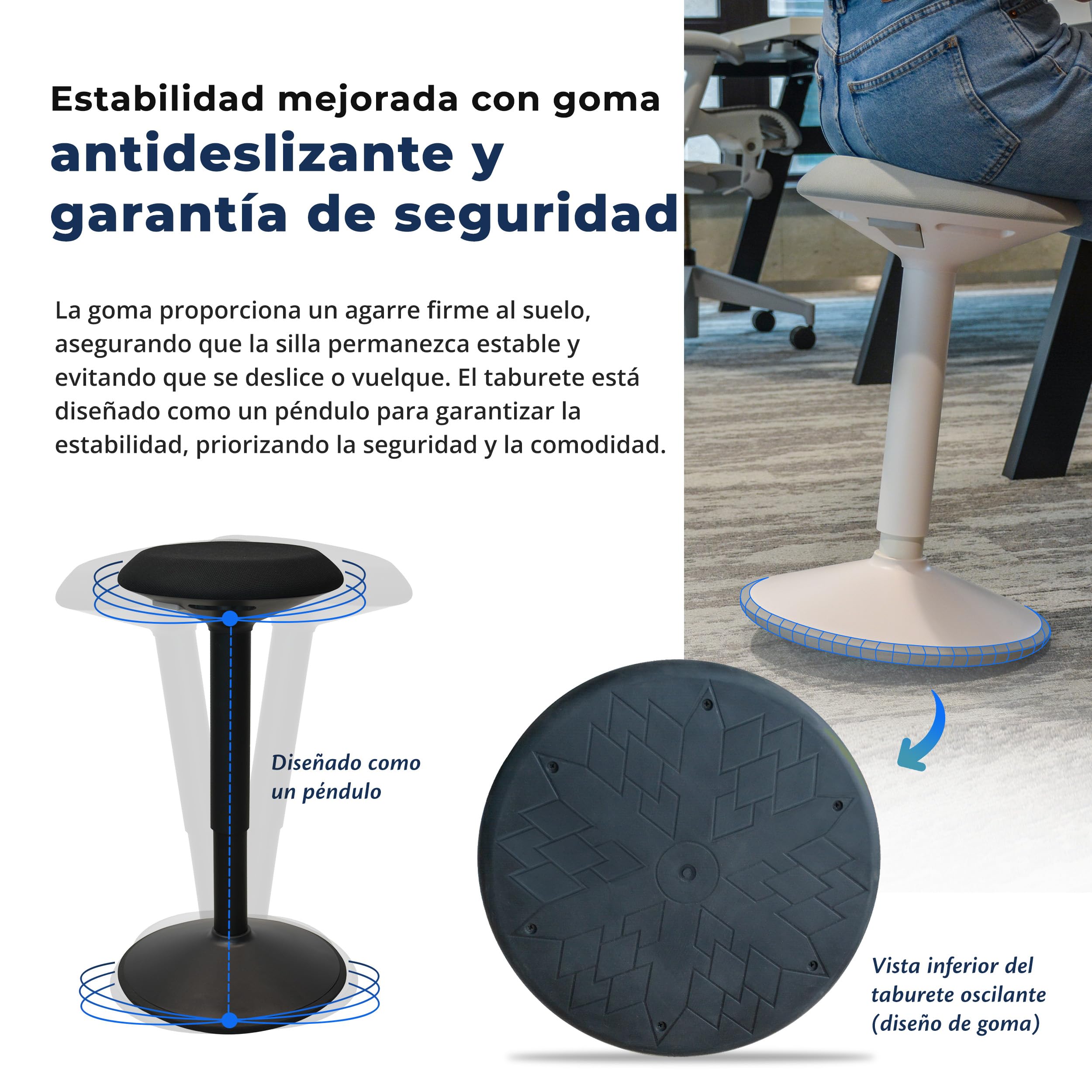 Backerz Taburete Silla Escritorio - Silla Oficina Ergonómica con Altura Regulable de 55 a 80 cm - Taburete Silla Ergonómica con Efecto Columpio Revestido con Tela Repelente al Agua, Negro Mate