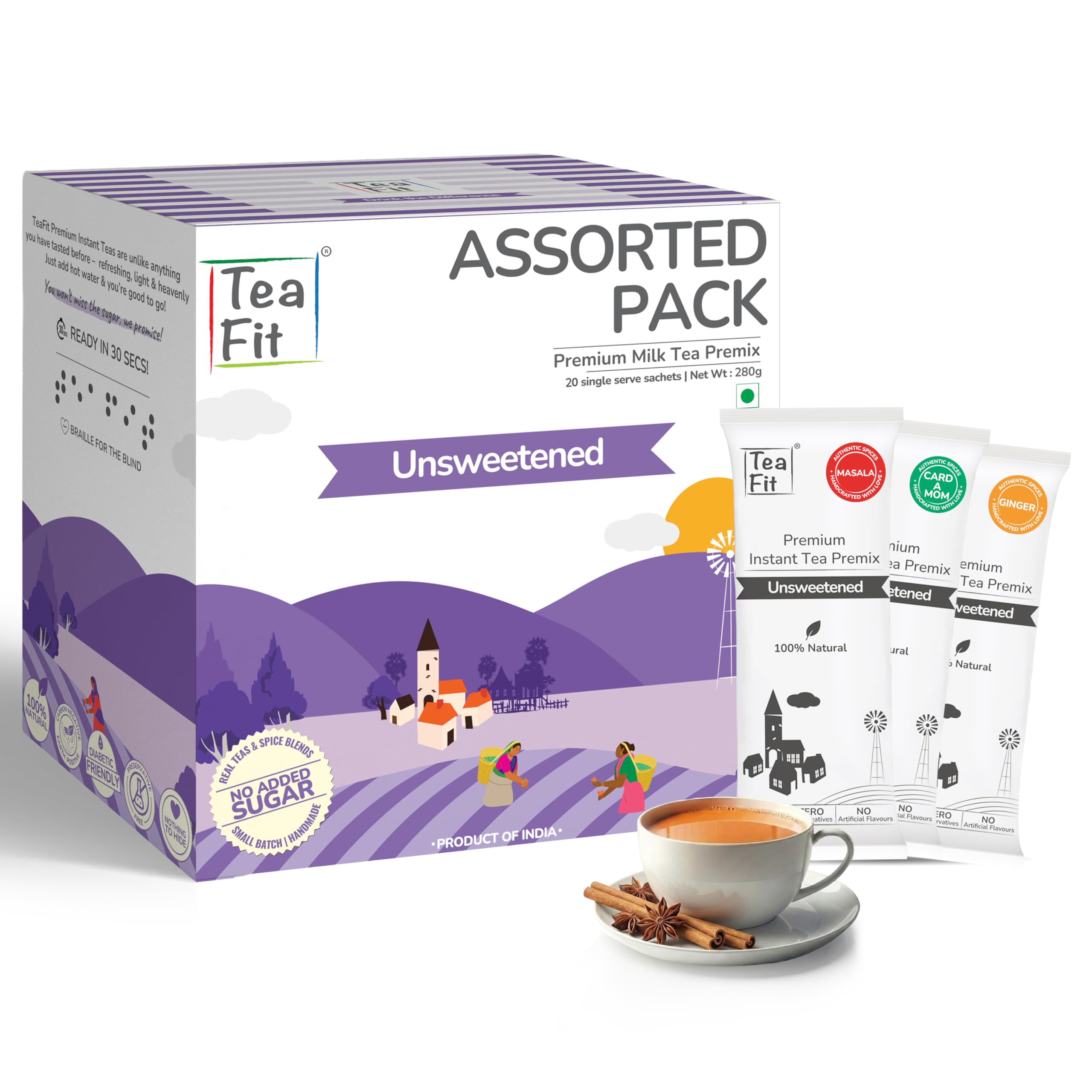 - Premium NO SUGAR Instant Assorted Tea Premix | Pack of 20 Sachets (280gm) | Real Milk | Ginger-Cardamom-Masala-Saffron-Lemongrass Instant Tea | Diabetic Friendly | No Added Sweeteners