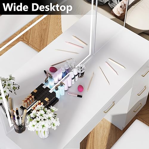 Miniatura 6 de Vanity Desk with Mirror and Lights, Large Storage Makeup Vanity with 7 Drawers, White Vanity Desk Table with Side Glass Cabinet, Adjustable