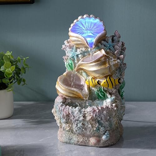 Miniatura 6 de GOSSI Fuente temática de concha de coral para decoración del hogar, fuente de escritorio para interiores, perfecta para meditación de cascada zen,