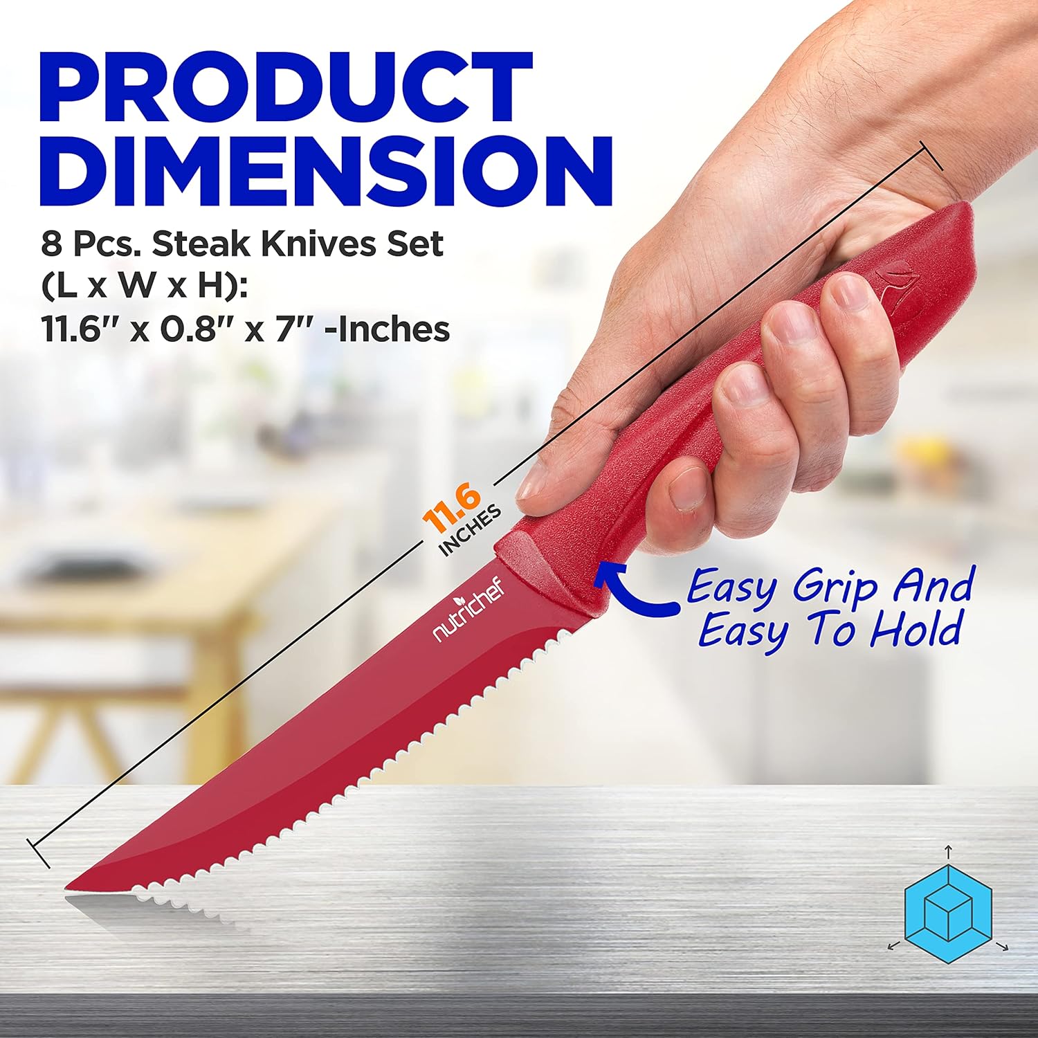 NutriChef Steak Knife Set of 8 - Premium Serrated Stainless Steel Kitchen Knife Set - Ergonomic Design, Sharp Blades, Non-Stick, & Rust-Resistant - Perfect for Home, BBQ's & Restaurants Red