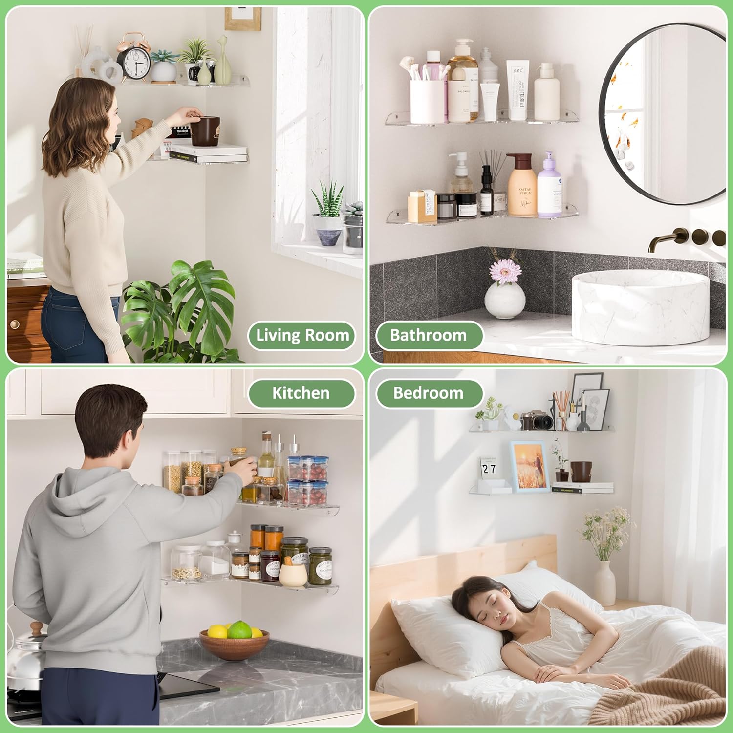 Sezanrpt 11.4x16 Inch Acrylic Corner Floating Shelf Set of 2, White Corner Wall Shelf for Home Décor, Speakers, Security Cameras, Toileries, Plants, Figures, Cosmetics, Books