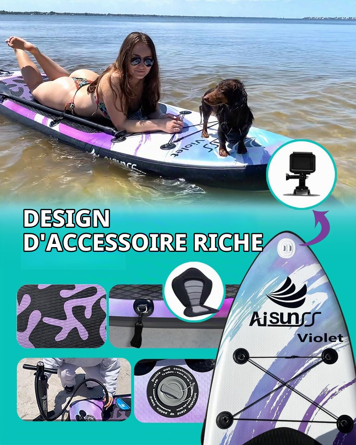 Planches à pagaie gonflables avec accessoires de planche à pagaie SUP de qualité supérieure, sac étanche de 10 L, design large et stable, boucle de pagaie supplémentaire, plate-forme