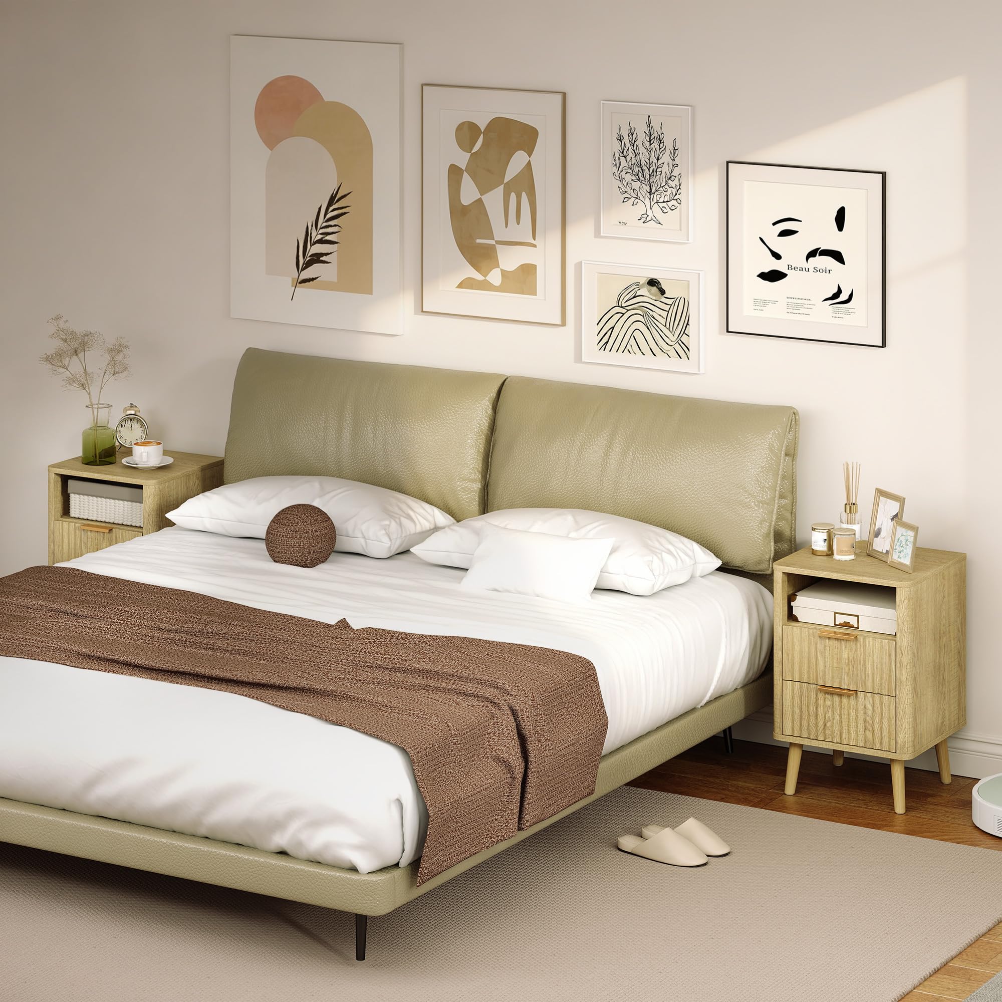 HOMCOM – Juego de 2 mesitas de noche, mesitas de noche con 2 cajones y compartimento abierto, esquinas redondeadas, texturizadas en olas, patas de madera maciza, estilo moderno, para dormitorio, sala