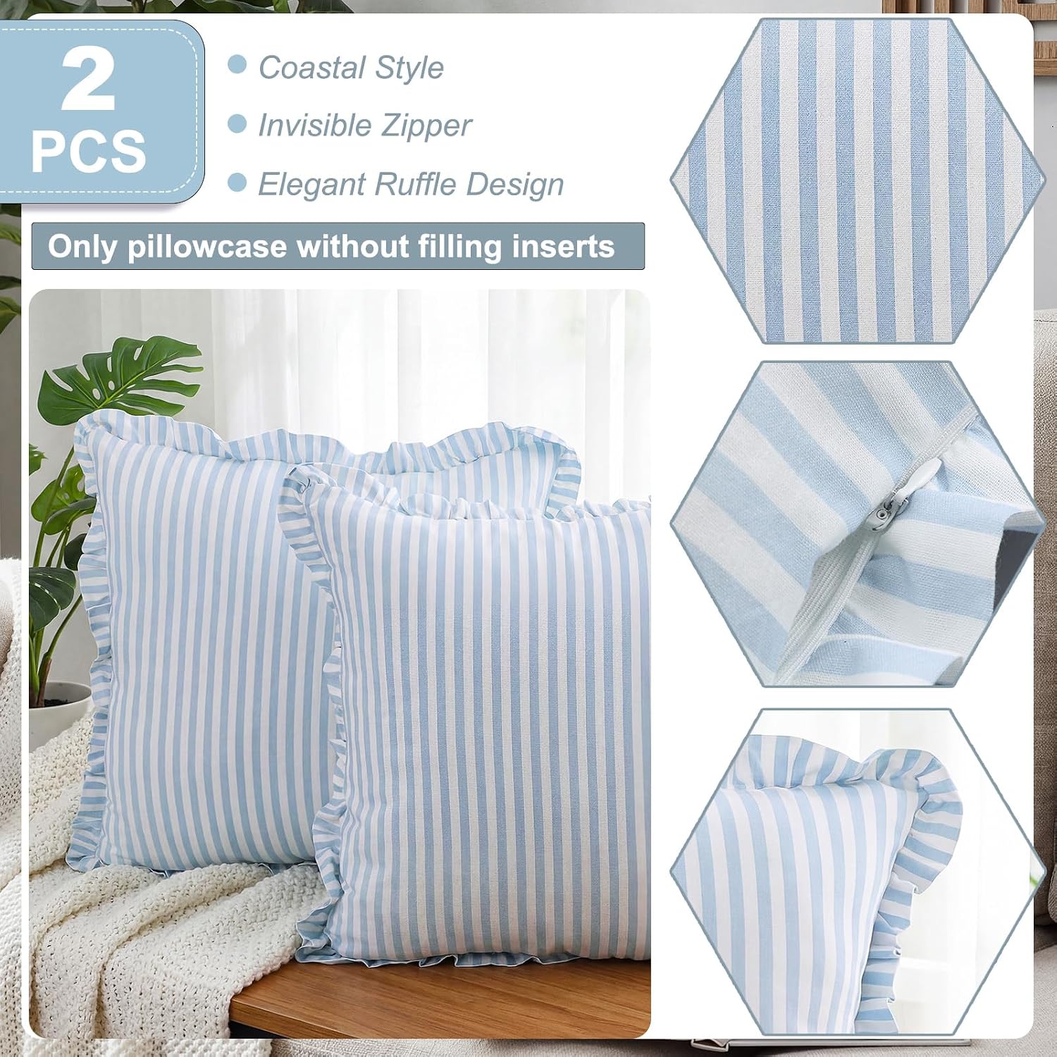 Yousoontic 2 Pcs Striped Coastal Pillows Cover with Ruffle 20 x 20 Inches Blue and White Square Striped Throw Pillows Cover Cotton Decorative Cushion Case for Couch Home Living Room Bed Sofa Patio