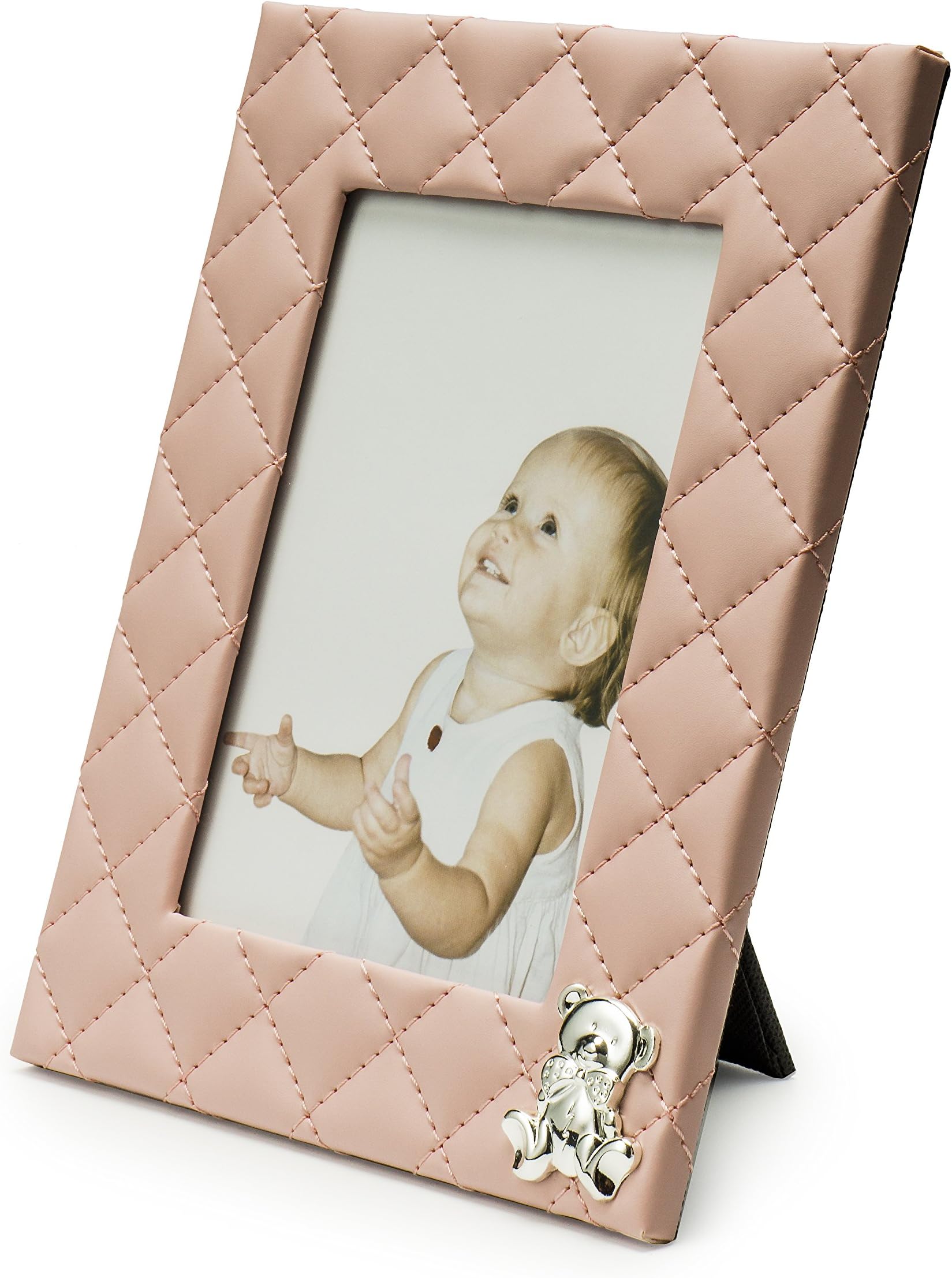 Modali Baby Fine & Elegant Pink Faux Leather Photo Frame 5x7" Adorned with Silver Plated Bear