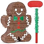 Birchio Christmas Gingerbread Man Pinatas Bundle with a Blindfold and Bat (Small Size 16.5x12.5x4 Inches), Holiday Theme Piata, Christmas Party Supplies, Xmas Piata, Party Decoration Games