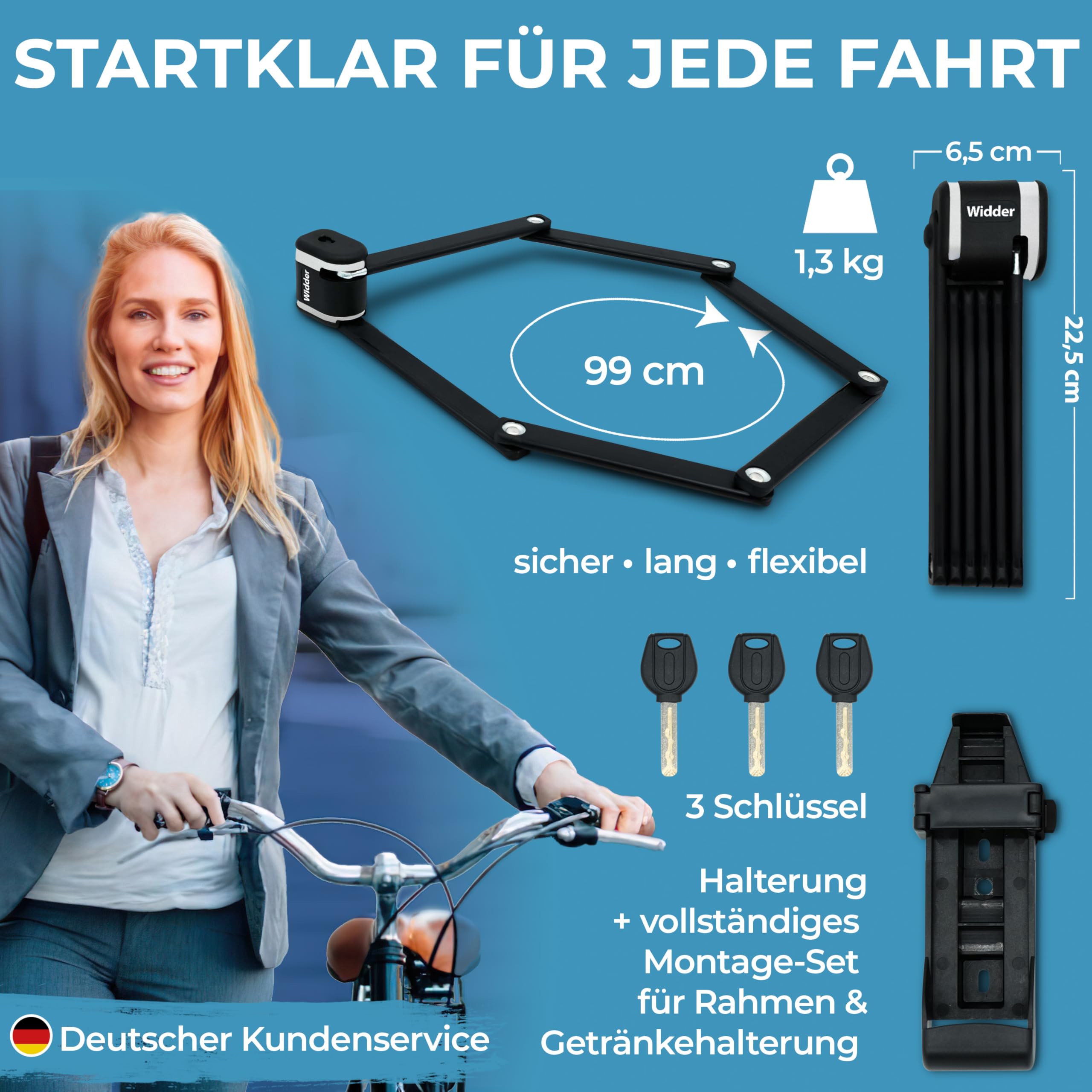 Widder Extrem sicheres Faltschloss Fahrrad [Titan-Stahl Level 15] - Fahrradschloss hohe Sicherheit 99cm lang mit Schlüssel [3x] & Halterung - Gliederschloss als E Bike Lock Scooter Schloss & Fahrrad