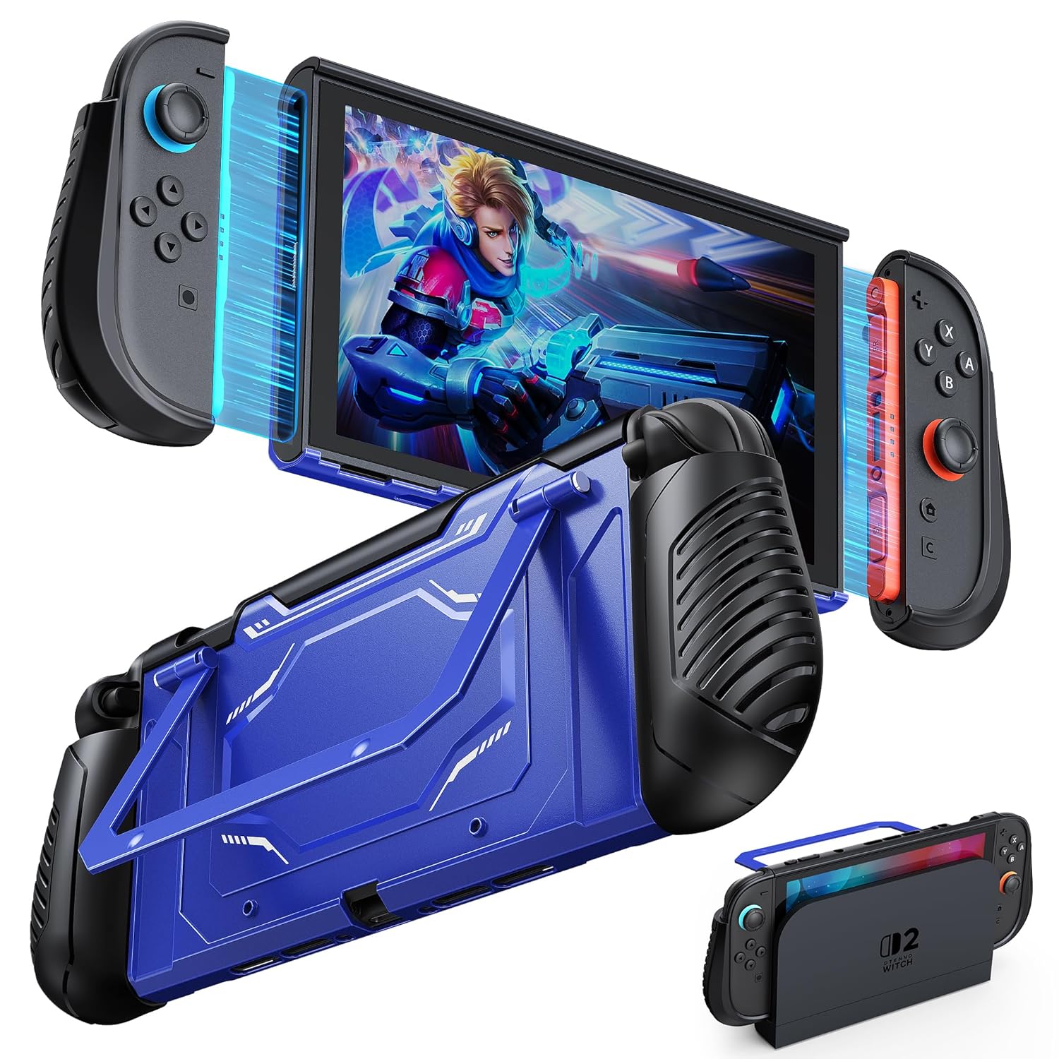Dockable Switch 2 Case, FYOUNG Protective Cover Hard Shell for Nintendo Switch 2 Console 2025, Military-Grade Full Protection, Kickstand, Shockproof, Soft TPU Ergonomic Grip Accessories (Dark Blue)