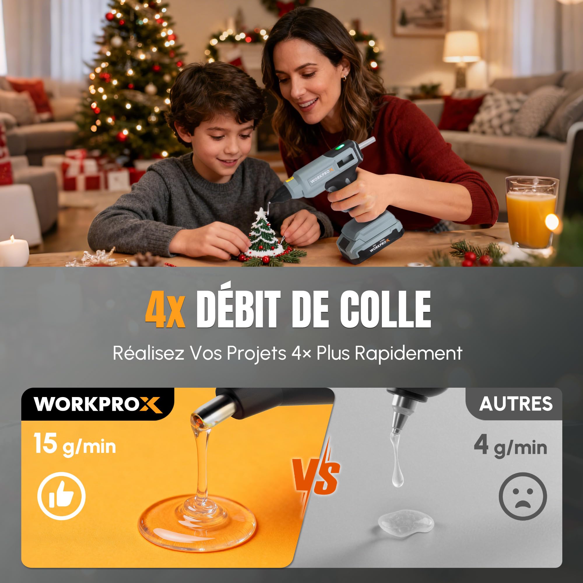 WORKPROX Pistolet à Colle Chaude Sans Fil 20V avec Batterie & Chargeur | Chauffage Rapide, Arrêt Automatique, 20 Bâtons de Colle 11×150 mm pour Bricolage, Artisanat et Réparations Rapides