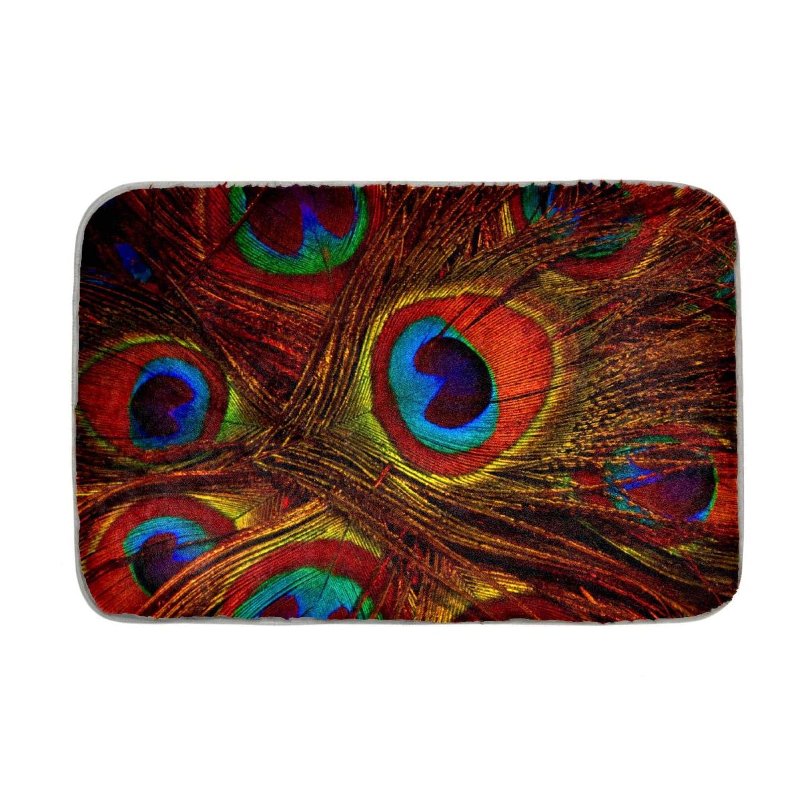 Luxury Soft Shaggy Bathroom Rug, Red Peacock Feather Pattern Bath Mat Non Slip Absorbent Plush Bath Rugs for Bathroom Floor, Indoor Shower Mat Decoration