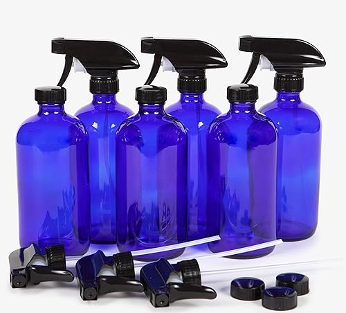Vivaplex 6 botellas grandes de vidrio en aerosol de 16 onzas vacías color azul cobalto con pulverizadores de gatillo negro