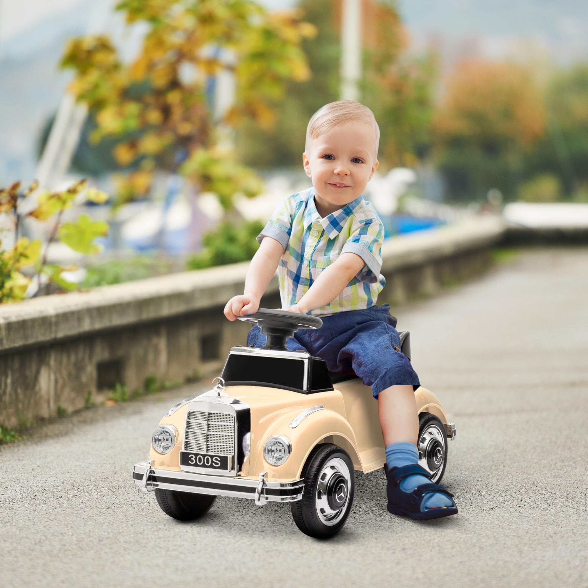 AIYAPLAY Porteur Enfants Voiture Licence Mercedes-Benz 300S 18-48 Mois Coffre Rangement sous Le siège Beige