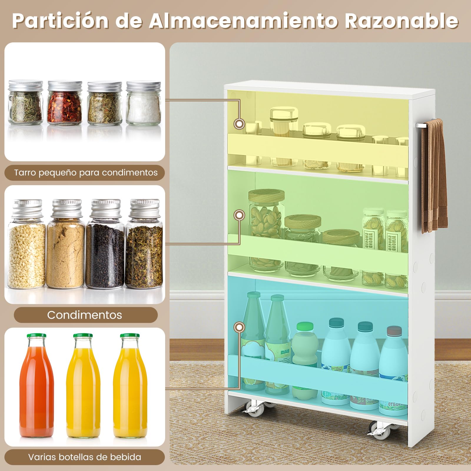 COSTWAY Carro de Almacenamiento Estrecho de 4 Niveles, Carrito Auxiliar con Ruedas, 4 Estantes, Barandillas Anticaídas y Asa, Ahorra Espacio, Carrito para Cocina, Baño, 47,5x13x80,5 cm, Blanco