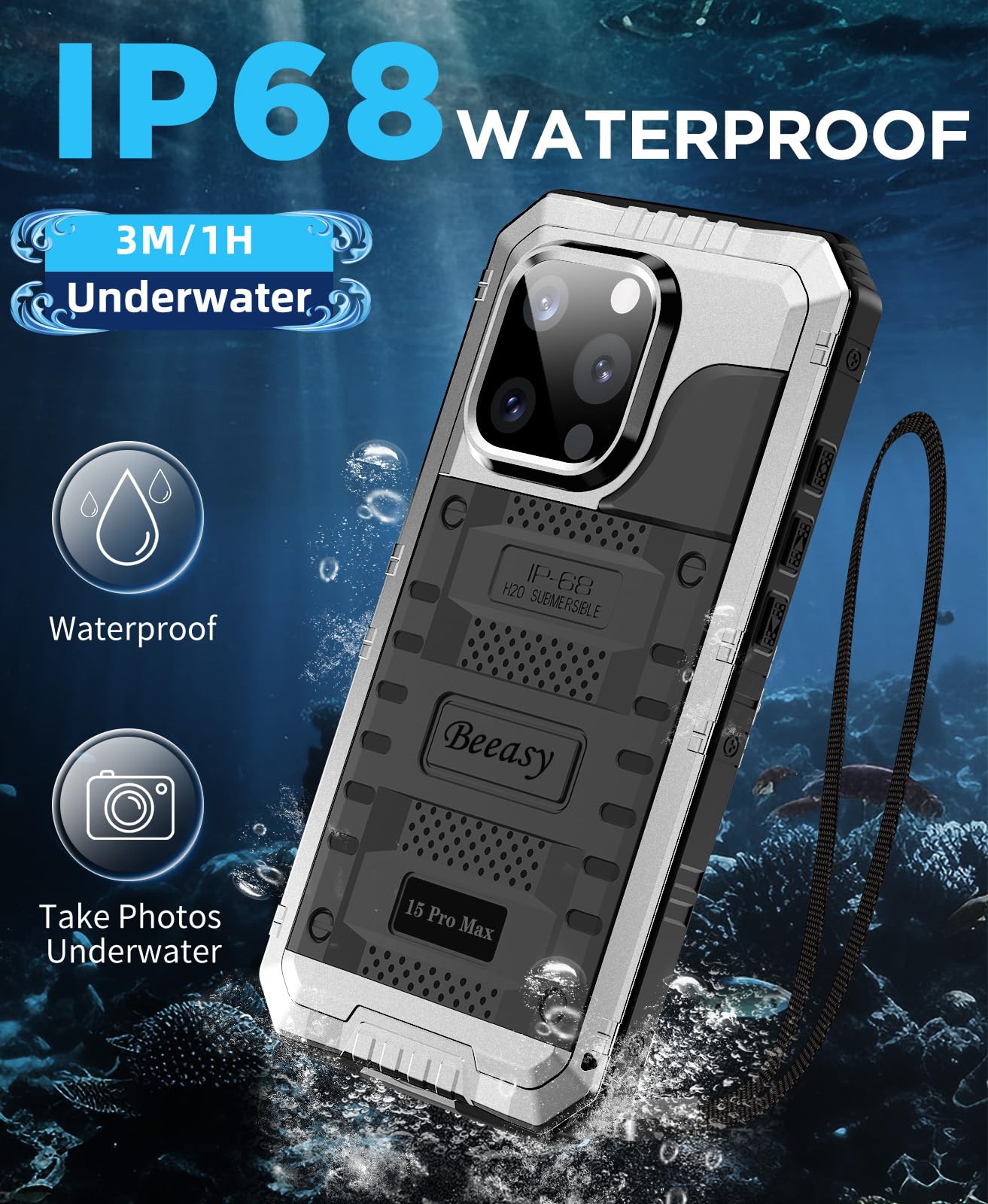 Beeasy Cover per iPhone 15 Pro Max IP68 Impermeabile Custodia Militare Antiurto Resistente 360° Metallo Armor Protezione Schermo Integrata Rugged Robusta Indistruttibile Subacquea Antipolvere Argento