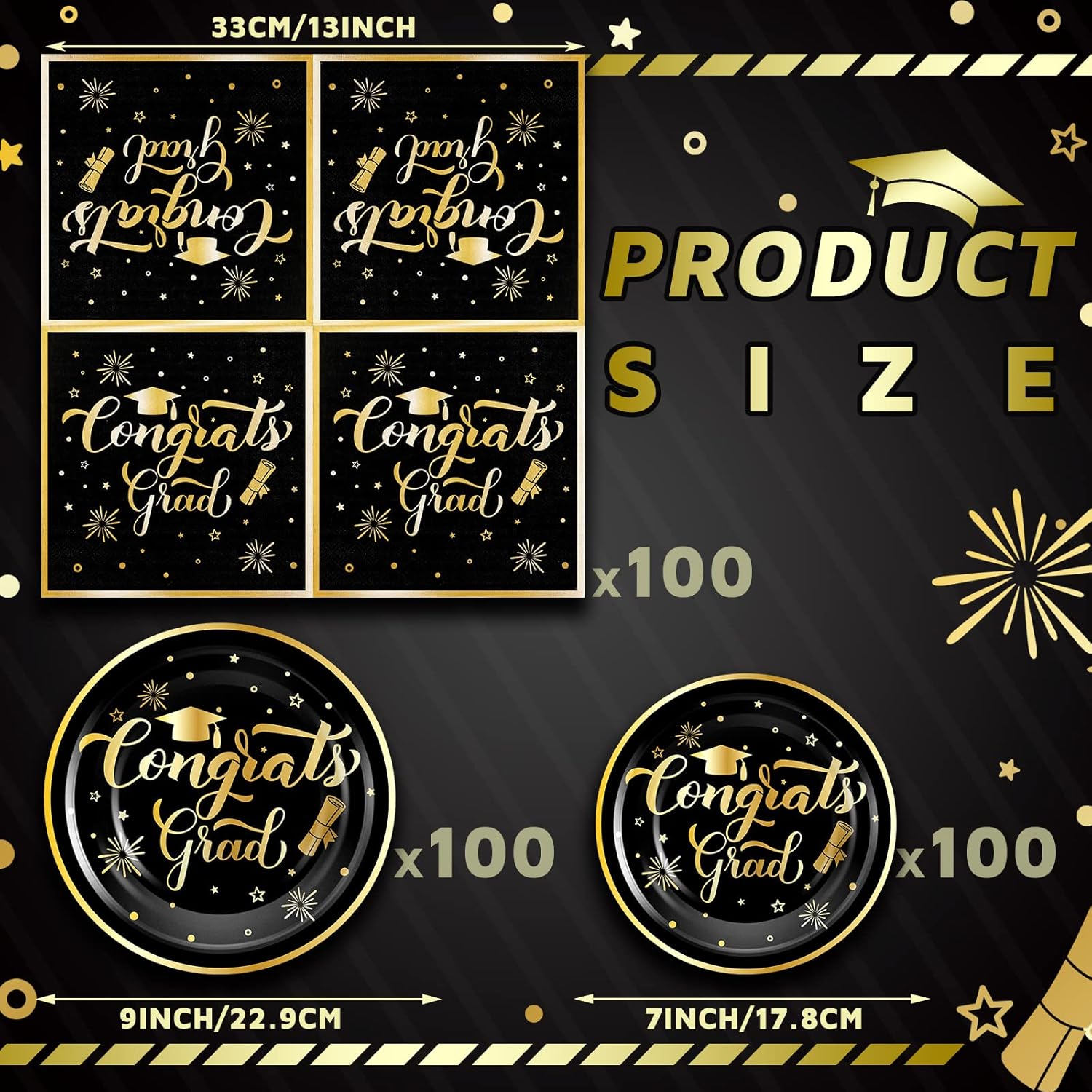 300 Pcs Graduation Plate and Napkin2024 Black and Gold Graduation Party Decoration Congrats Grad Disposable Paper Dinner Plate Dessert Plate Luncheon Napkin Dinnerware Set for Party Serves 100