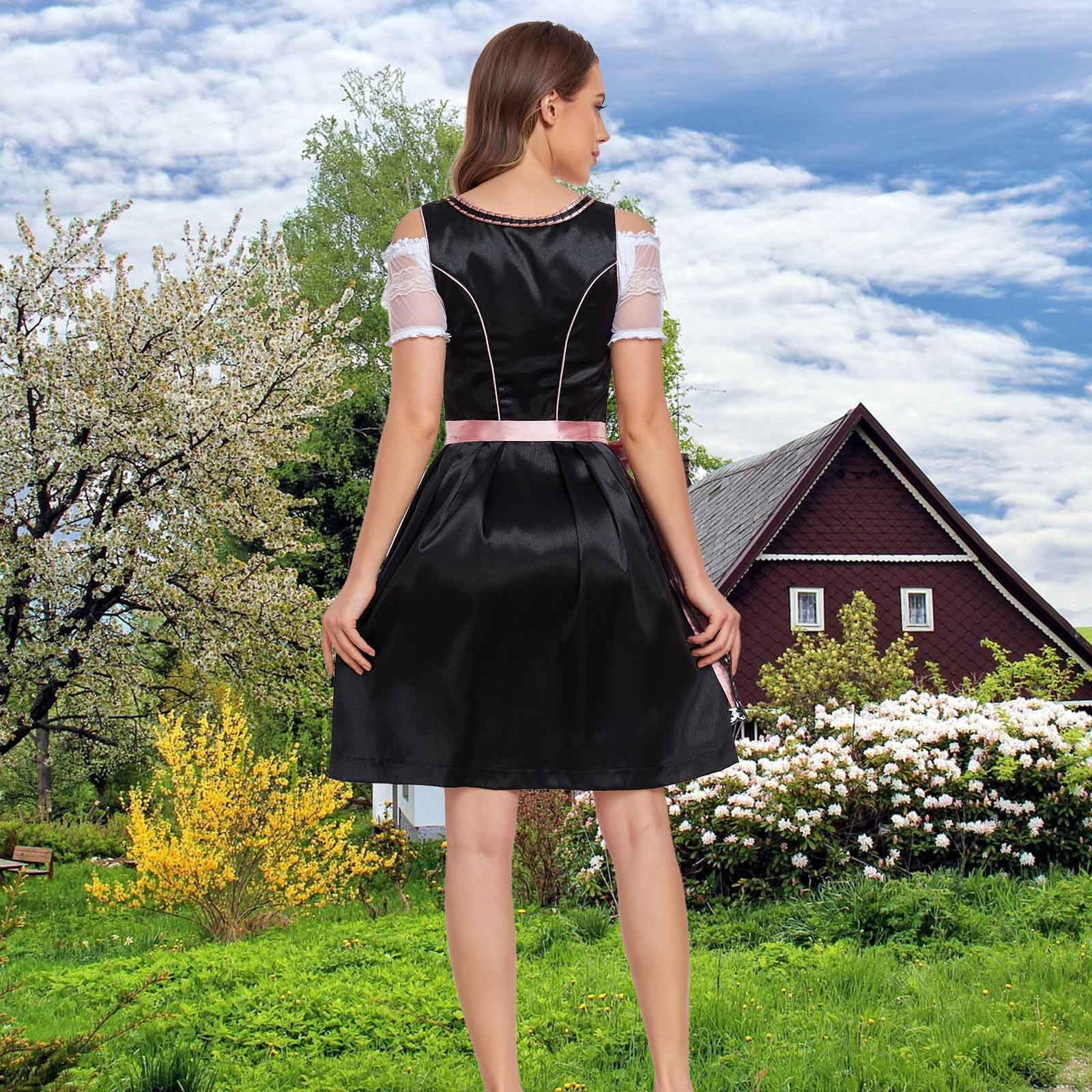 Jecarden Damen Dirndl 3 Teilig Midi Trachtenkleid Damen Dirndlkleid mit Spitze Trachtenmode inkl. Dirndlbluse Dirndlschürze für Oktoberfest Karneval Besondere Anlässe
