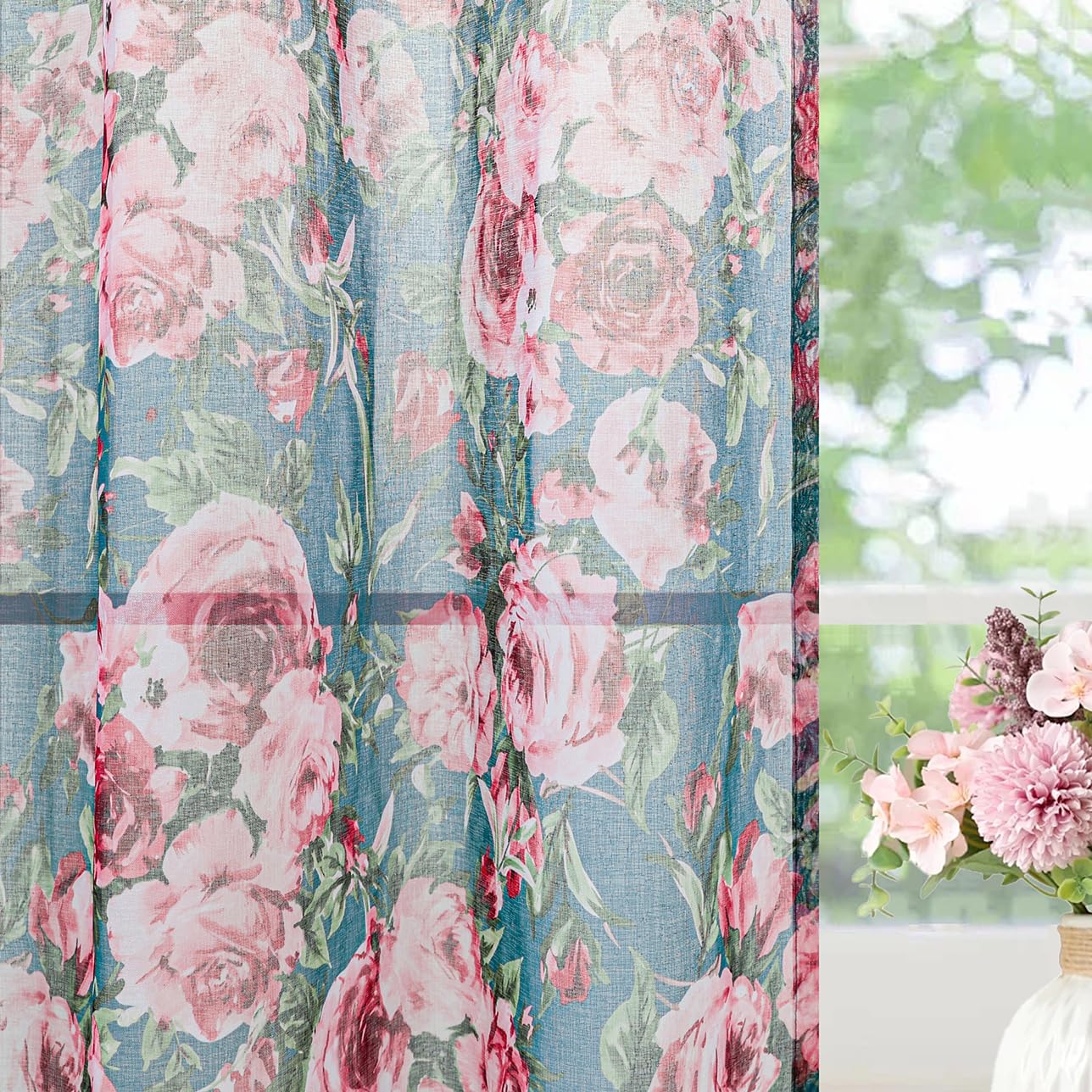 L.Z.E Gardinen Grün Rosa für Wohnzimmer Bedruckt Blumen Vorhänge mit Ösen Transparent Gardine Vorhang für Schlafzimmer Fenster 2er Set Leinenoptik Ösenvorhang 225 cm Lang Dunkelgrün (LZE2227E-FL225)