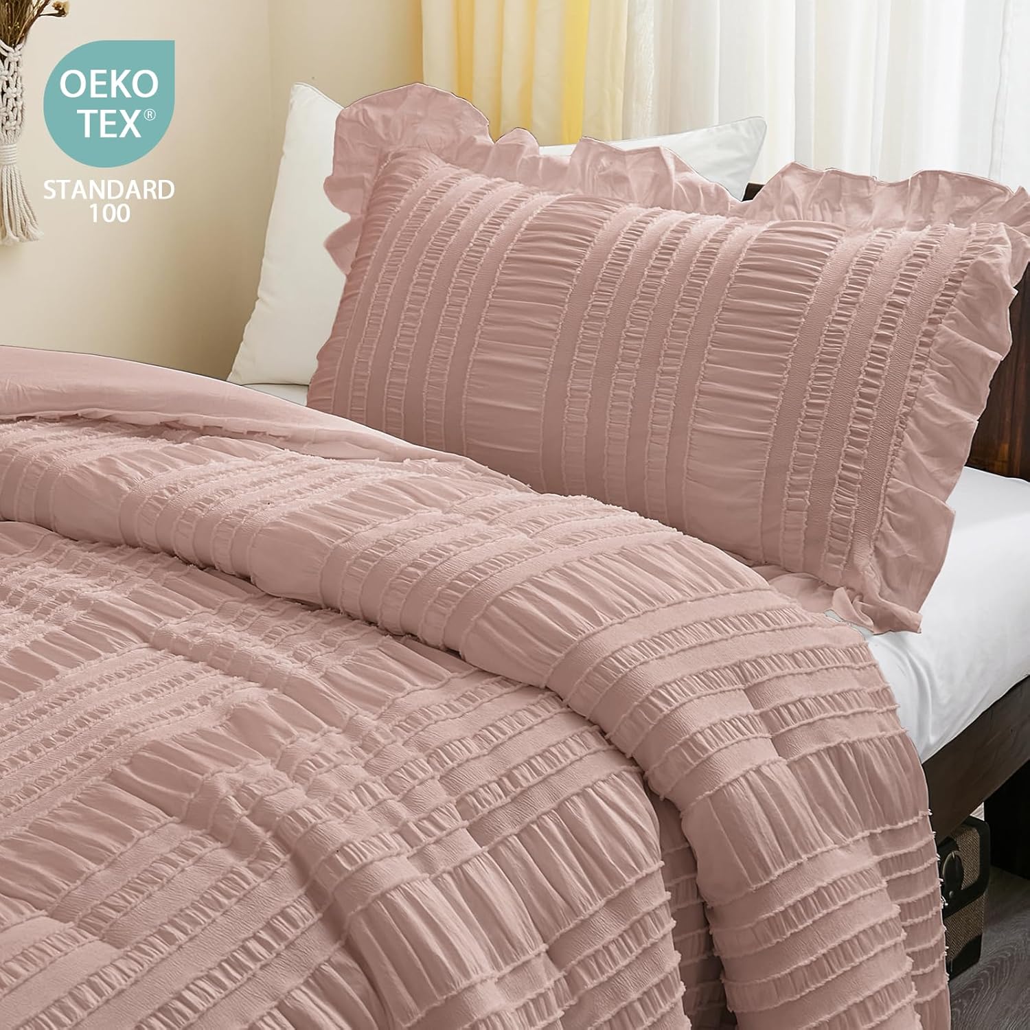 WONGS BEDDING Comforter Full Size, Pink Ruffle Comforter for Full Bed for Dorm Room Essentials, Soft Seersucker Textured Bedding Set Full Size Comforter Sets for Girls 90"×78" - Image 4