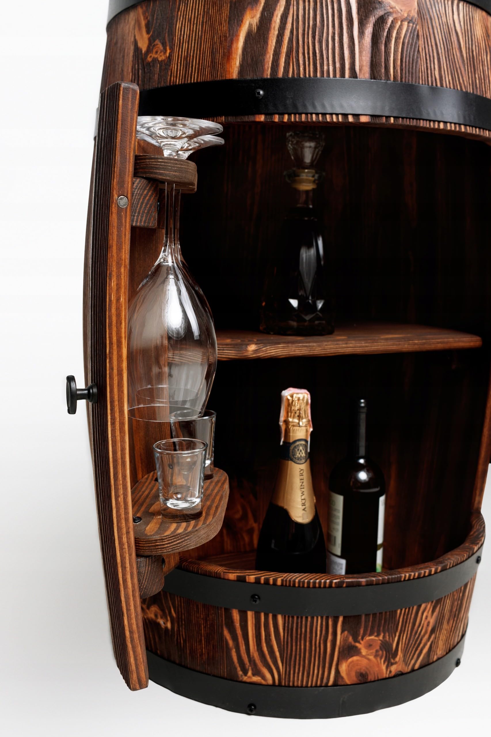 XL Hausbar Weinfass mit Doppeltür, Sensor-LED & Glashaltern – Rustikaler Barschrank aus massiver Kiefer (80x55cm) – Handarbeit, Platz für 50 Flaschen
