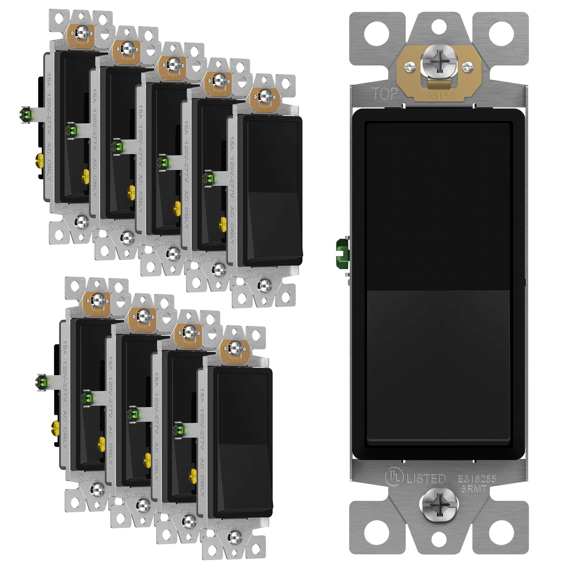 ENERLITES Matte Black Light Switch, Decorator Paddle Rocker Wall Switch, 3-Way, 3 Wire, Grounding Screw, Residential Grade, 15A 120V/277V, UL Listed,