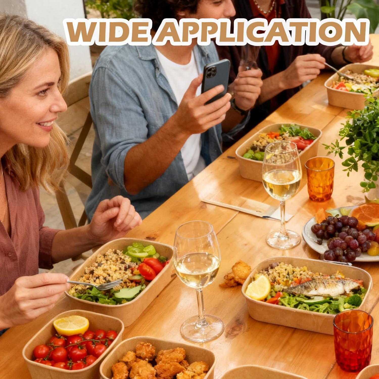 50 Pack 25 oz Disposable Kraft Paper Bowls with Lids, Rectangle Paper Food Containers, Meal Prep Containers for Hot/Cold Food, Soup, Takeout, Microwave Safe, Party Supplies Treat Bowls