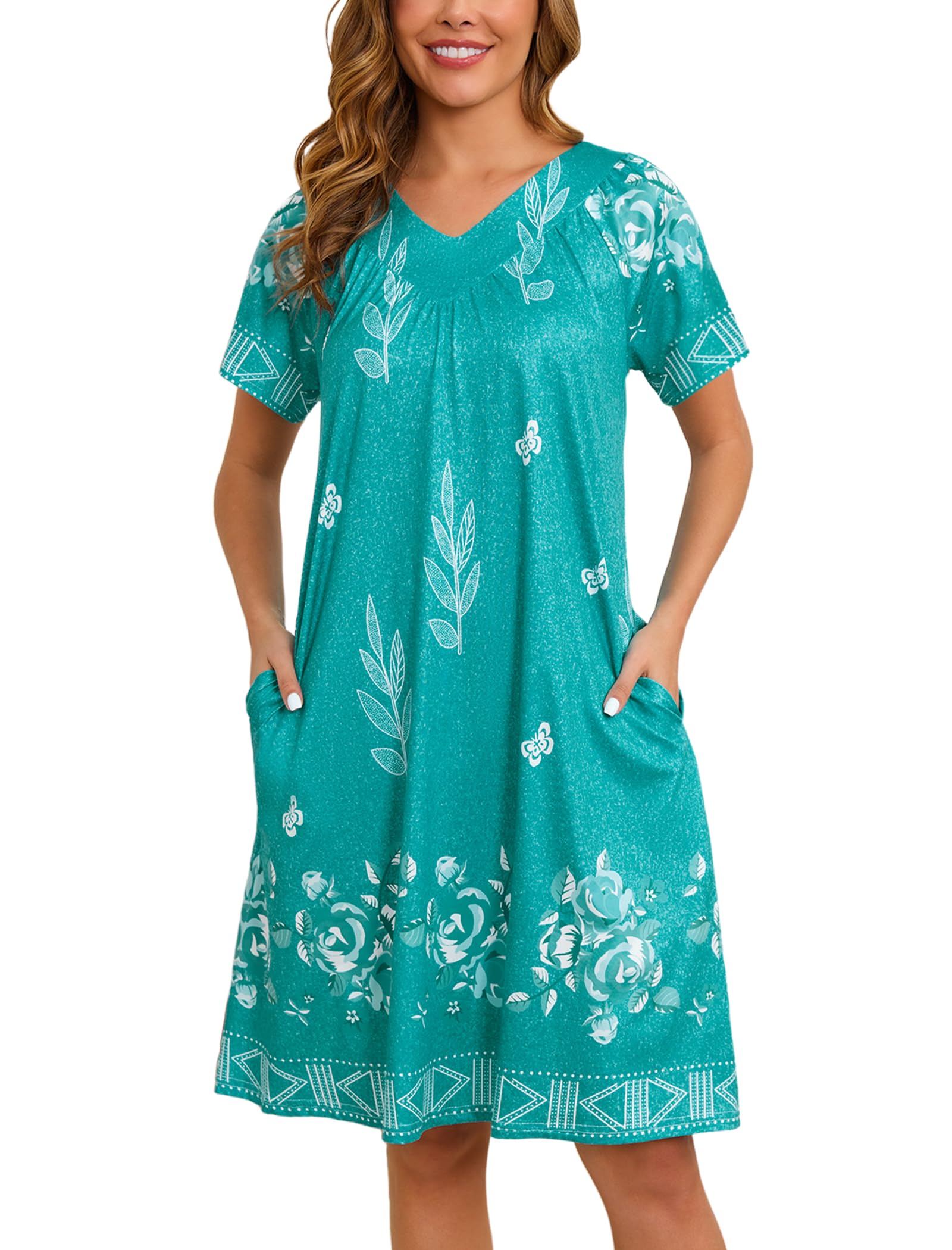 Marvmys Womens House Dress Short Sleeve Nightgown Floral Print Mumu Dress with Pockets V Neck Sleepwear S-3XL