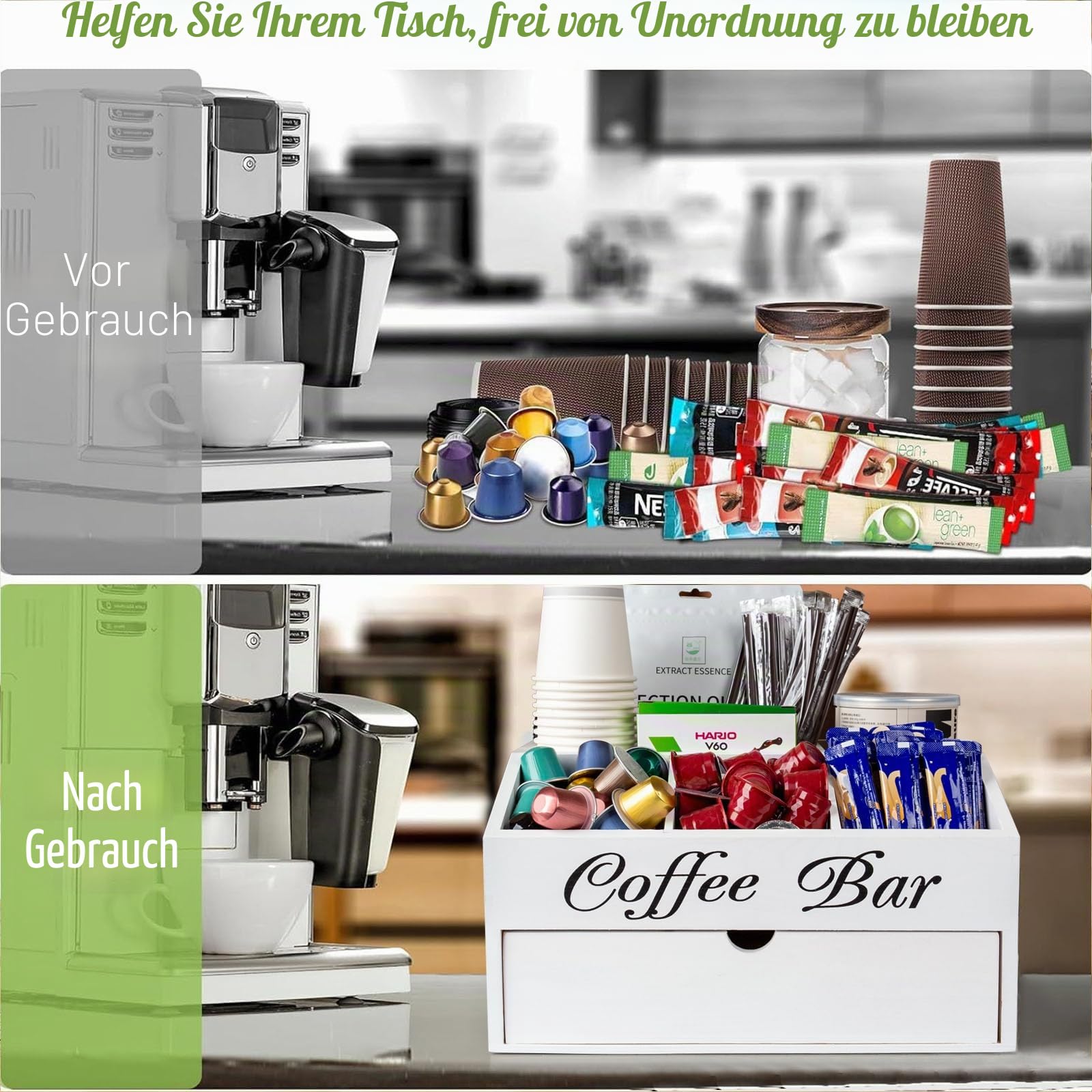 Kaffee Organizer-Tee Aufbewahrung,Kaffee Zubehör-Schubladenboxen Teebeutel Aufbewahrungsbox,Kaffeepads Aufbewahrung,Kaffeebar für Milch,Servietten, Kaffeekapseln,Zuckersticks (Weiß)