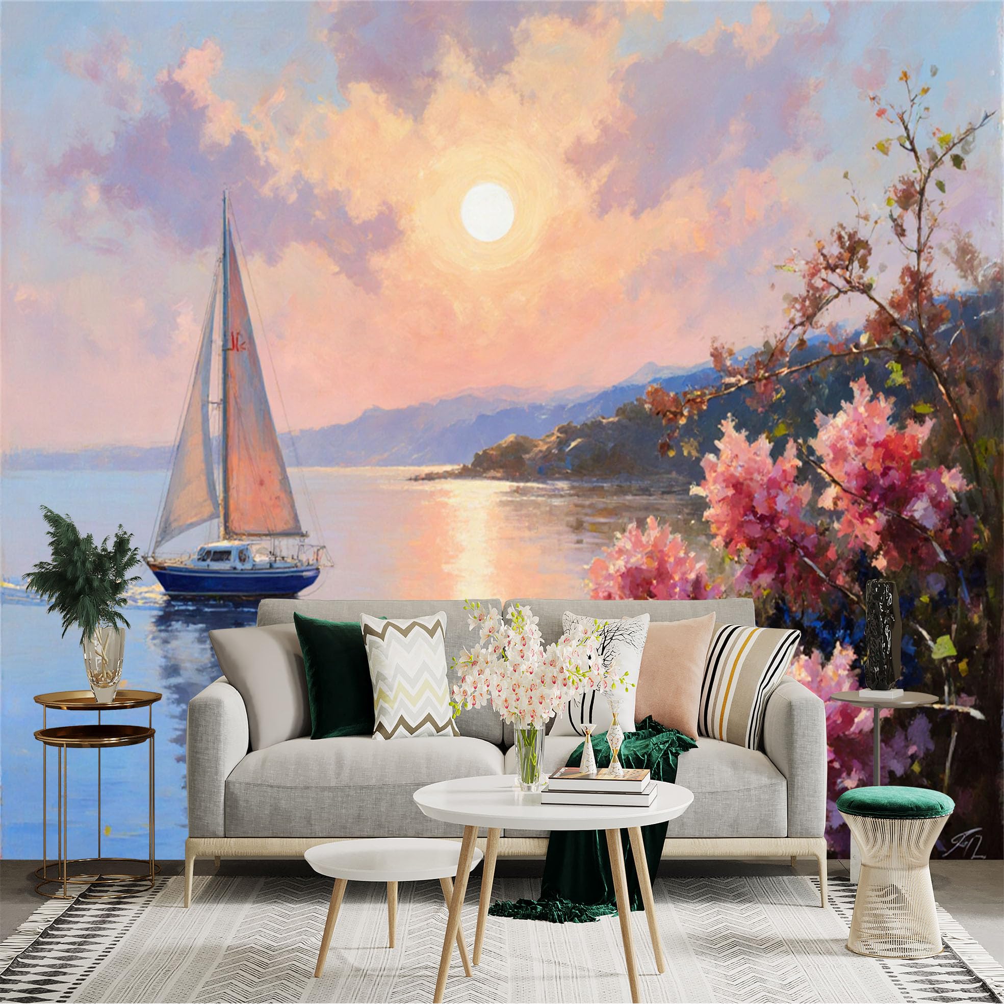 Lnzczhyre Xc260505529 Custom Size Wall Sticker Mural， Sailboat On Calm Sea， Romantic Golden Sunset， Blooming Pink Flowers， Peaceful Coastal Scenery， For Wall Decoration， Peelandstick Wall Decals.