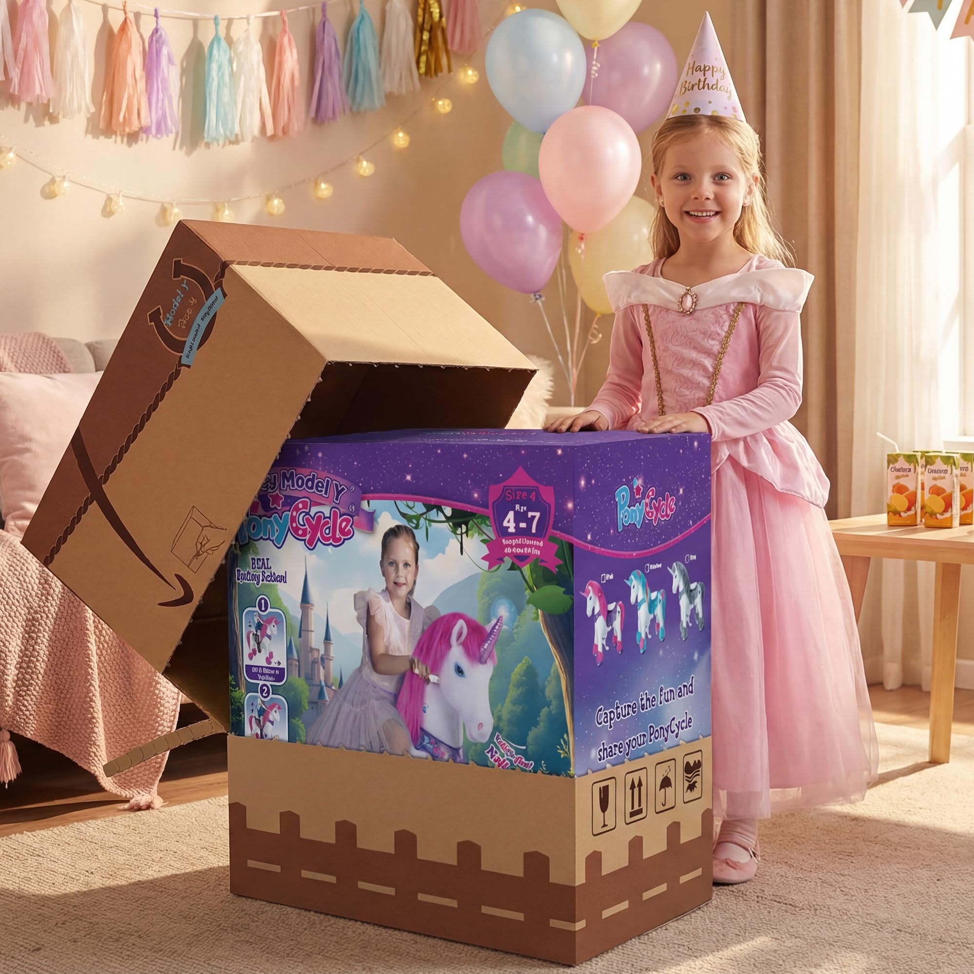 PonyCycle Modèle Y Avancé Licorne à Monter avec Sons Magiques pour Enfants 4-7 Ans, Licorne Rose en Peluche à Roues avec Frein, Jouet Mécanique pour Anniversaire des Filles - Y452