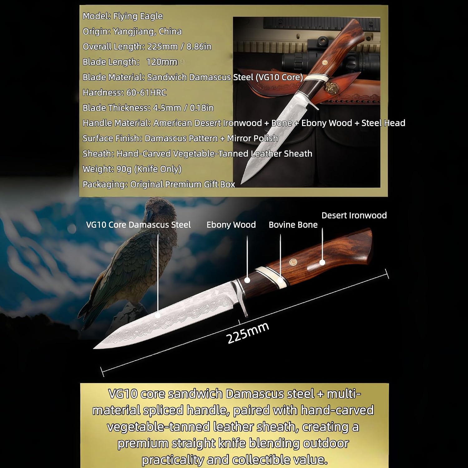 Damascus Knife, Camping Knives & Tools, Fixed Blade, HRC60, Sandalwood Handle, Premium Leather Sheath, Hand-Forged Damascus Folding Knife, Men Gifts
