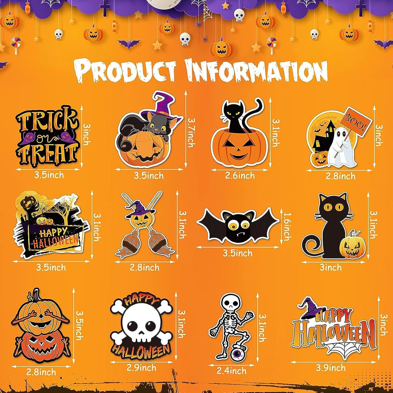 QODOLSI 12 Pieces Halloween Stickers, Bat Decals, Pumpkin Ghost Decals, Halloween Party Refrigerator Stickers Pumpkin Stickers, for Locker Garage Door Decorative image 2