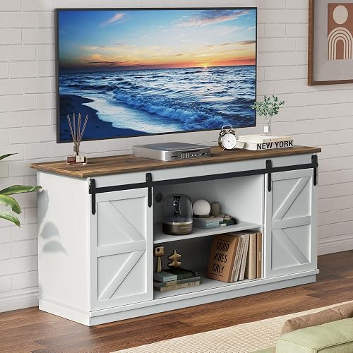 YESHOMY Farmhouse TV Stand for Televisions up to 65 Inches, Sliding Barn Doors and Storage Cabinets, Console Table and Media Furniture for Living Room, 58 Inch, Milk White