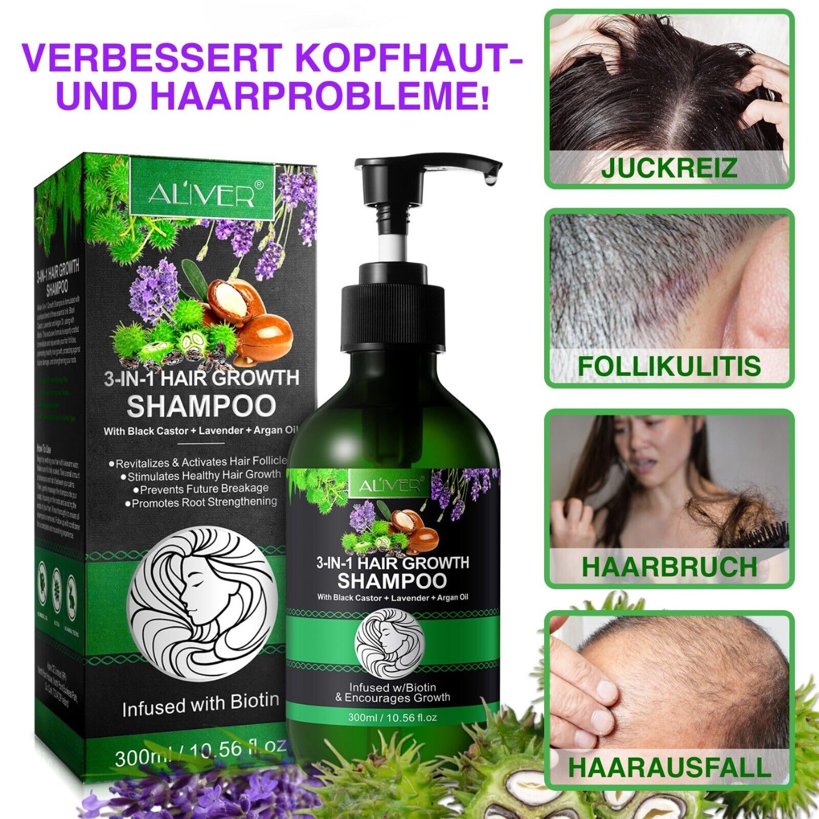 P-BEAUTY szampon na wzrost włosów 3 w 1, 3 x 300 ml, z olejkiem z czarnuszki, lawendą i olejkiem arganowym, do pielęgnacji skóry głowy, wspomaga gęste i błyszczące włosy, wegański