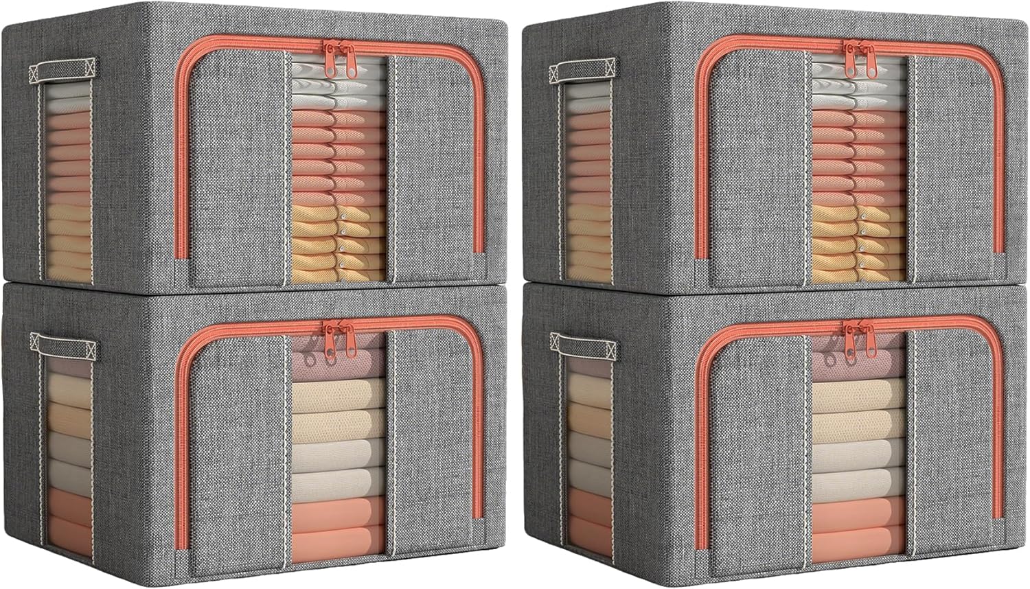 Wardrobe Storage Box (4 Pack) 66L Stackable and Foldable Clothes Storage Box with Metal Frame, Transparent Window and Handle for Bedding, Clothes and Other Items (Gray, 66L)