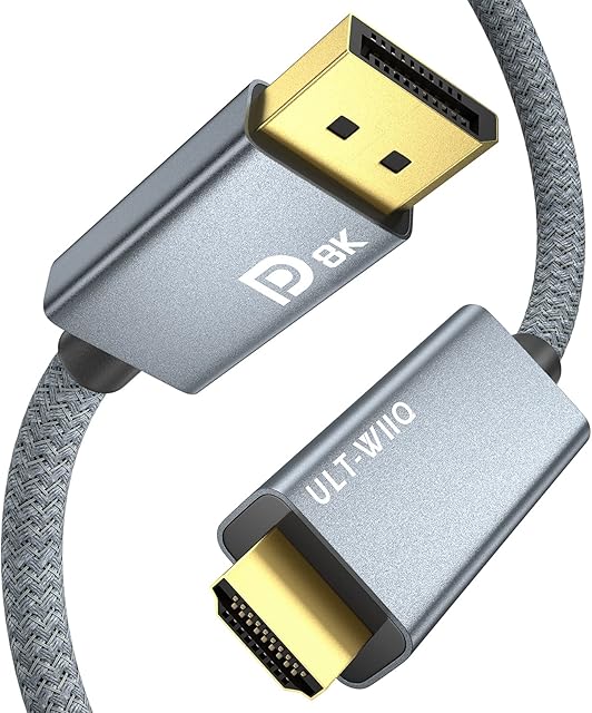 DisplayPort to HDMI 8K Cable, DP 1.4a to HDMI 2.1 Gilded Video Adapter with 8K, 4K@120Hz/144Hz, 2K@240Hz, HDR, Dolby Vision, HDCP 2.3, DSC 1.2a for PC, TV, Projector, Monitor, AMD NVIDIA Graphics (3M)