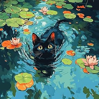 NEWENMO Black Cat Paint by Numbers Kit for Adults, Flowers Water Lilies Paint by Numbers on Canvas Unframed, DIY Oil Painting Perfect for Beginner, Craft, Hobbies and Home Wall Decor 16x16 in