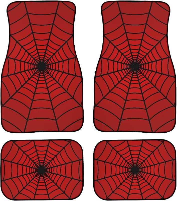 Kit de Tapetes Automotivos GEMEICHI com Estampa de Teia de Aranha Vermelha em Poliéster – 4 Peças