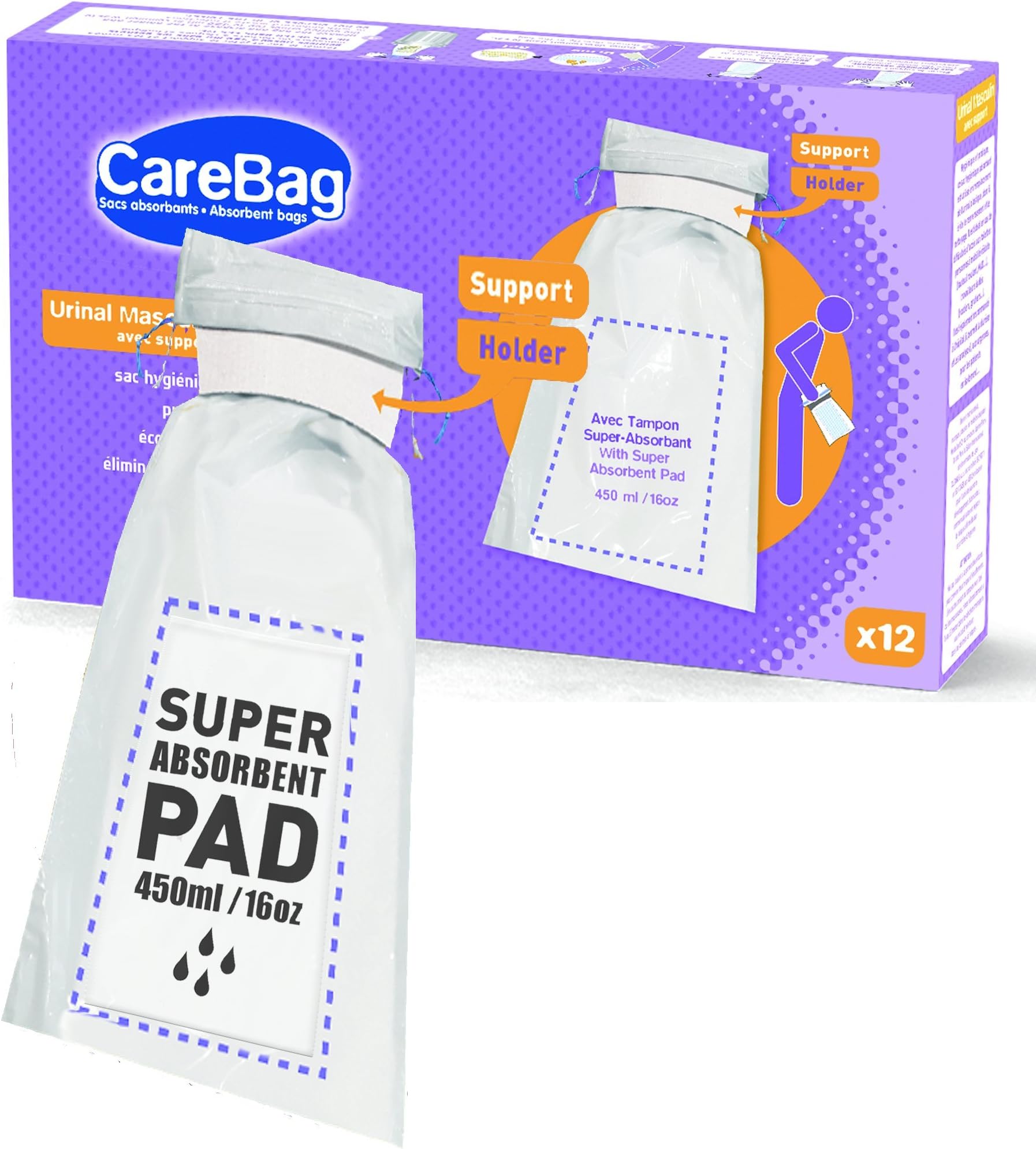 Carebag Medical Grade Male Urinal with Super Absorbent Pad & Holder to Avoid Spills, 12Count - 12 Disposable Bedside Urinal Bottle Bags - Leak-Resistant