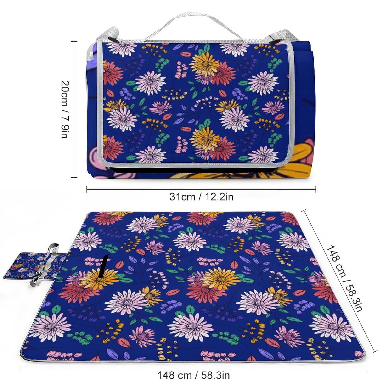 Spring-Pattern Picnic Blanket Waterproof Foldable, Large Outdoor Picnic Blanket Beach Blankets Camping Blanket Travel Mat, Shoulder Strap Tote, Rectangle 58x58in