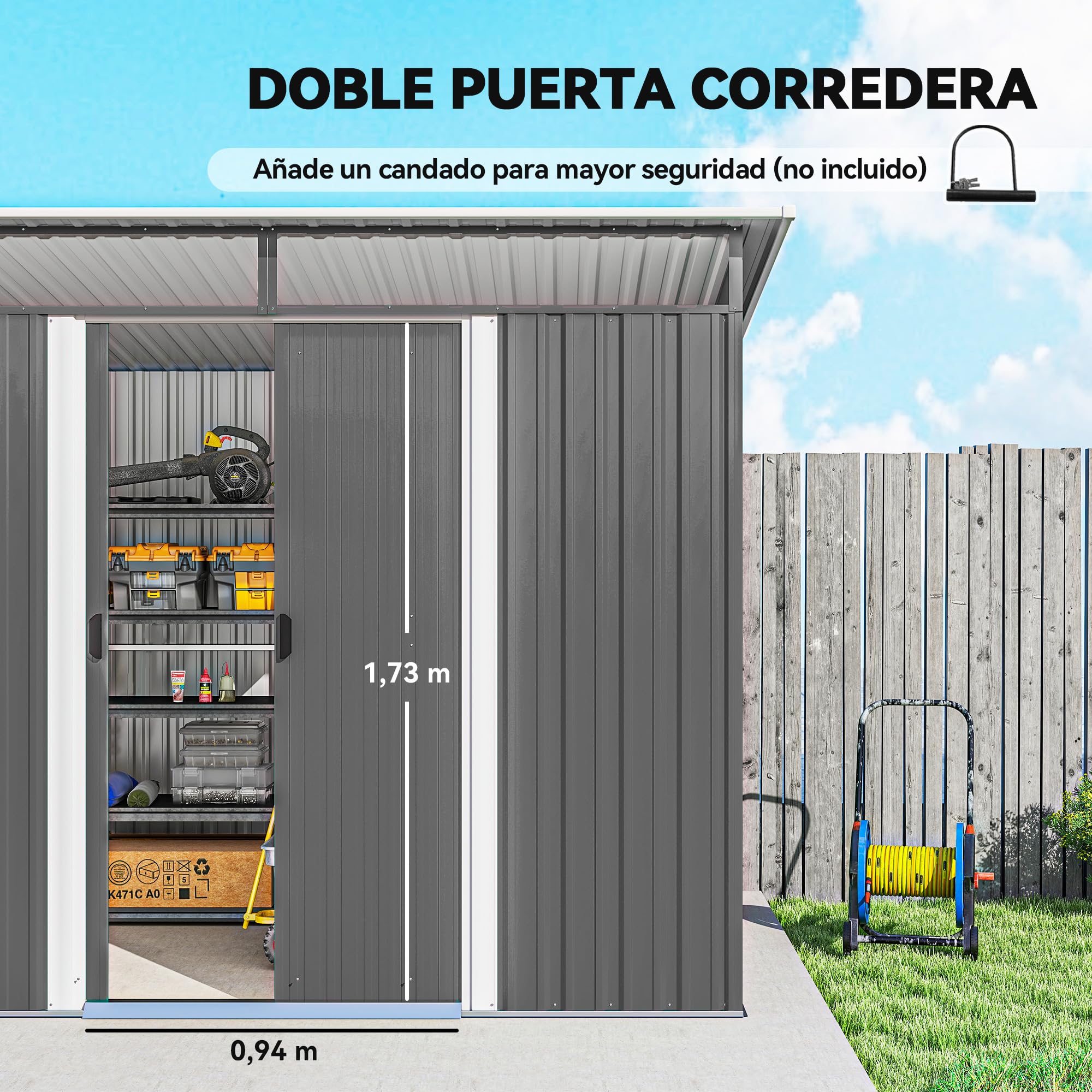 Outsunny Cobertizo de Jardín Exterior Metálica 4,5 m² 260x194x200cm Gris | Caseta de Jardín Exterior, Paneles Frontales Transparentes, 2 Puertas Corredizas, Almacenamiento de Herramientas